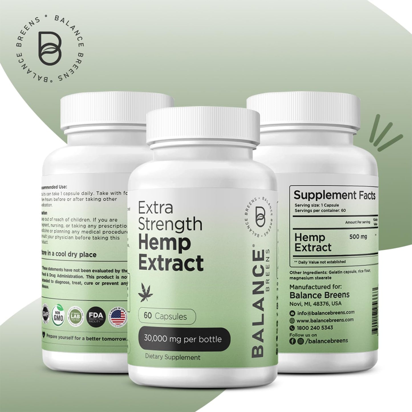 Balancebreens Hemp Extract 30,000mg Omega-3-6-9 Capsules, 120 Count