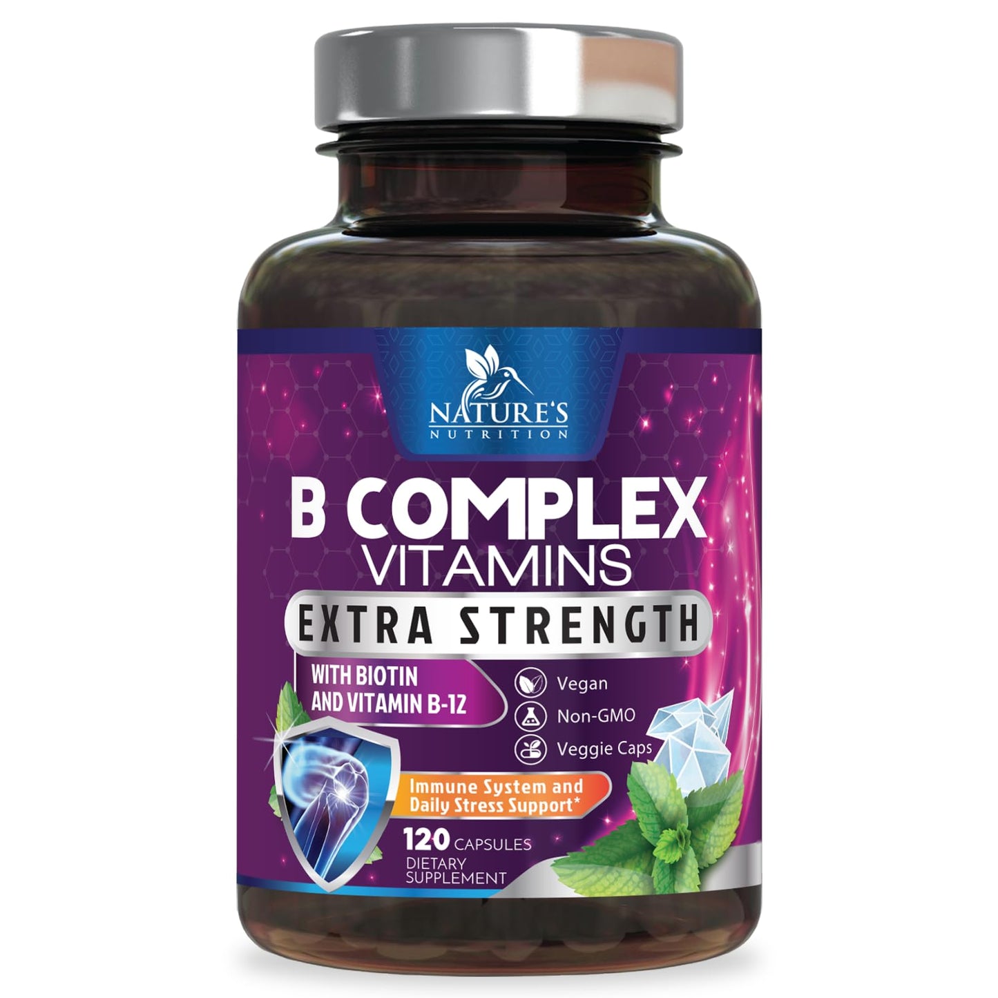 Nature's Nutrition B Complex Vitamins B-100 Complex with Vitamin B12 B6 C Biotin Folate & Folic Acid for Immune & Energy Support - 120 Capsules