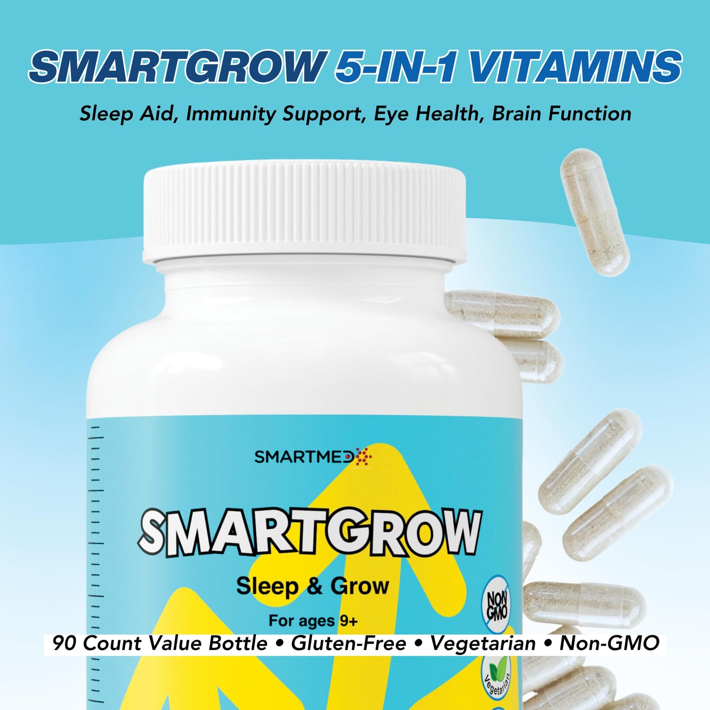 SMARTMED SmartGrow Premium Growth Formula for Teens – Bone, Brain, Sleep & Eye Support – Calcium, Vitamin D3, Amino Acids + Herbal Blend – Daily Wellness Supplement, 90 Capsules