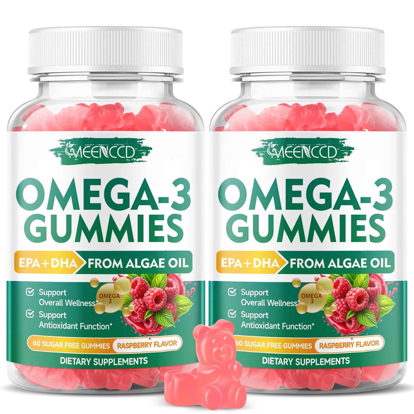 MEENCCD Omega-3 Gummies 1000mg (Algae-Based DHA 600mg & EPA 300mg) Raspberry Flavor, 120 Count