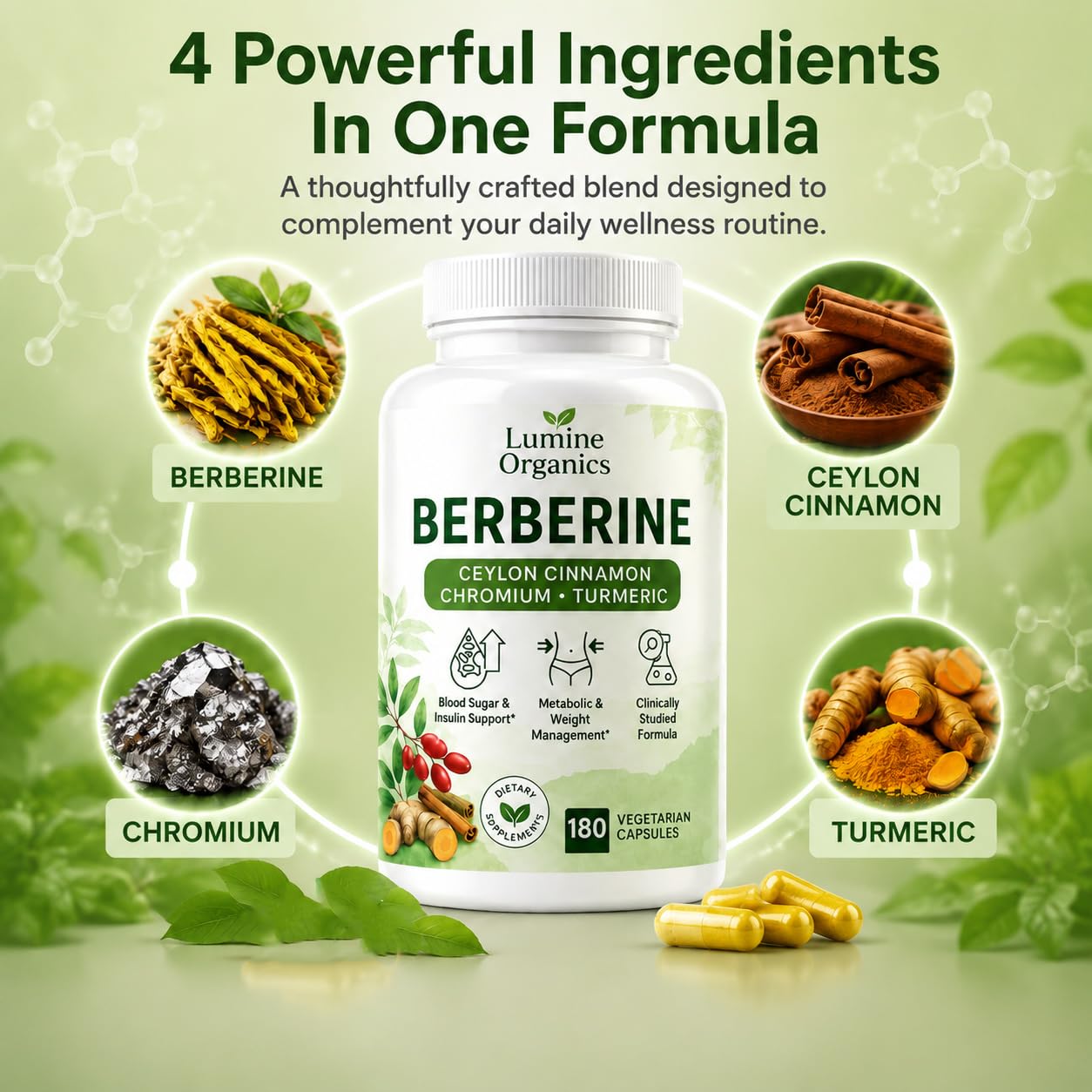 Lumine Organics Berberine Berberine Complex 4-in-1 with Ceylon Cinnamon & Turmeric - Everyday Metabolic Support & Nutrient Utilization, Softgels, 180