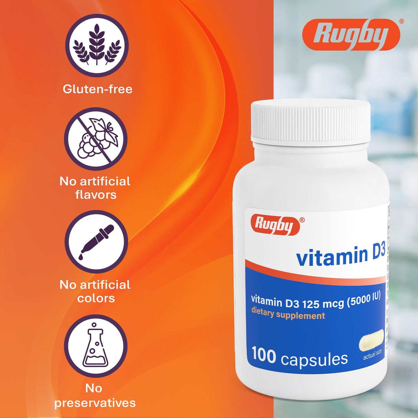 Rugby Laboratories Vitamin D3 5,000 IU (125 mcg) Vitamin D Dietary Supplement for Bone, Teeth, and Immune Health Capsule, 100 Count