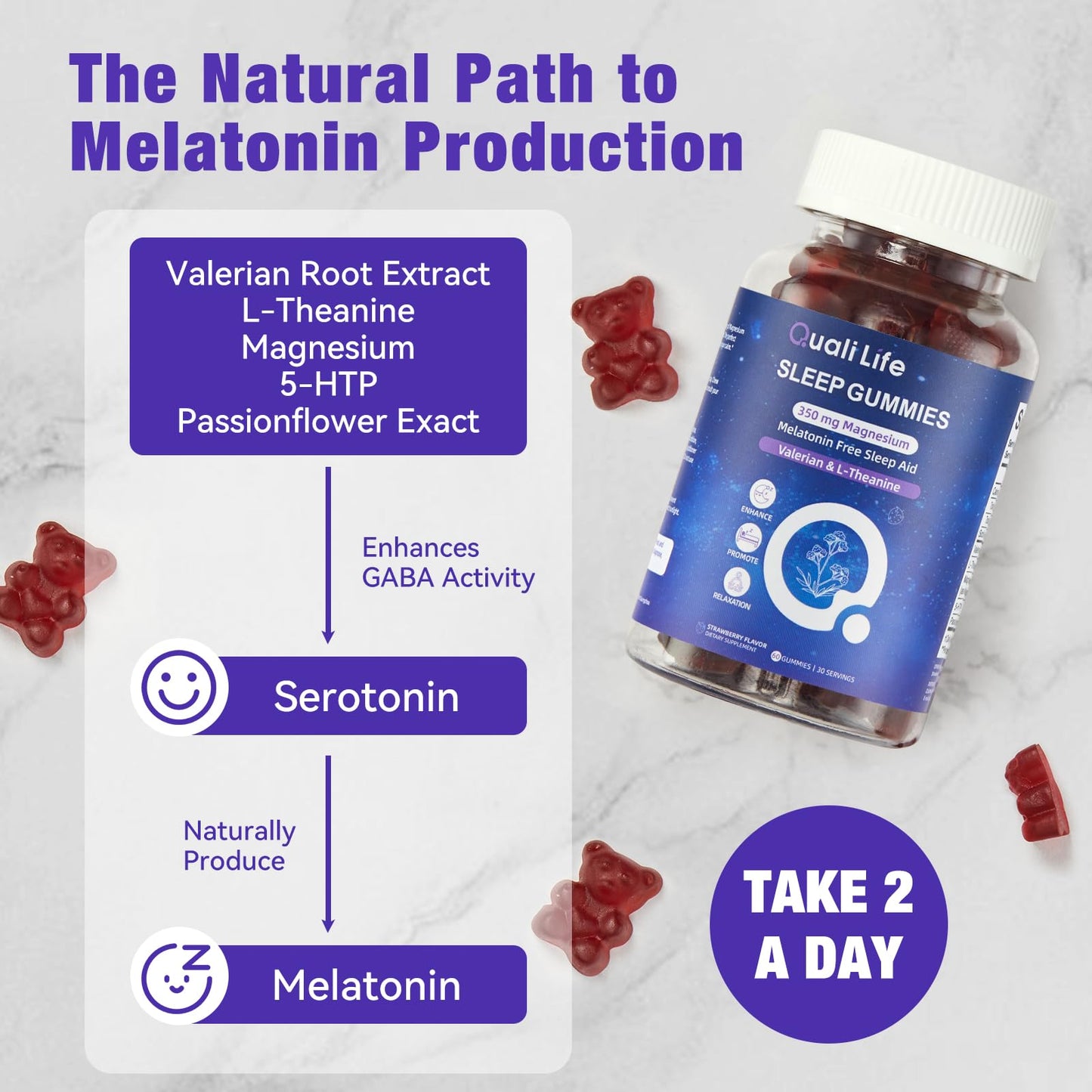 QualiLife Melatonin Free Sleep Gummies for Adults with Magnesium, Valerian Root, 5-HTP & Herbal Blend - 60 Count