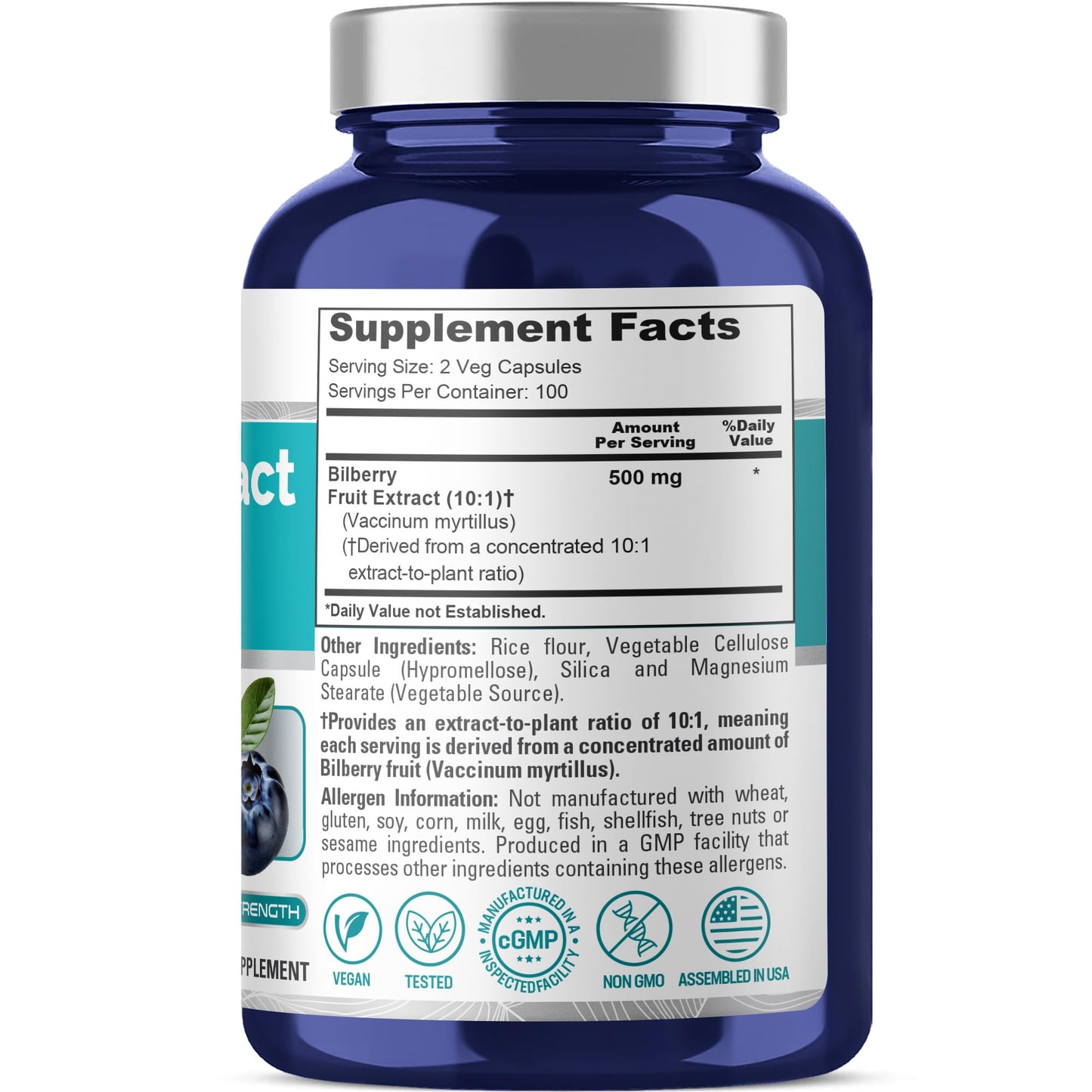 NusaPure Bilberry 500 mg Capsules, 200 Count