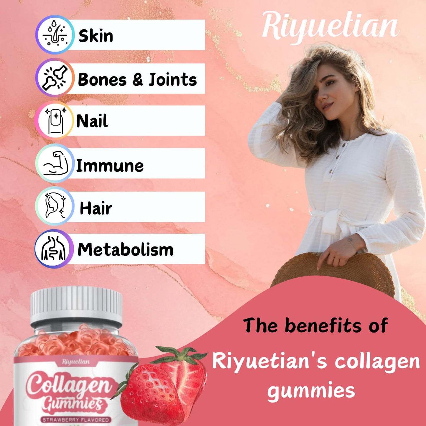 Riyuetian Gummy Collagen with Biotin - Hydrolyzed Collagen Peptides for Healthy Skin, Nails & Hair, Gluten Free & Non-GMO, 120 Gummies