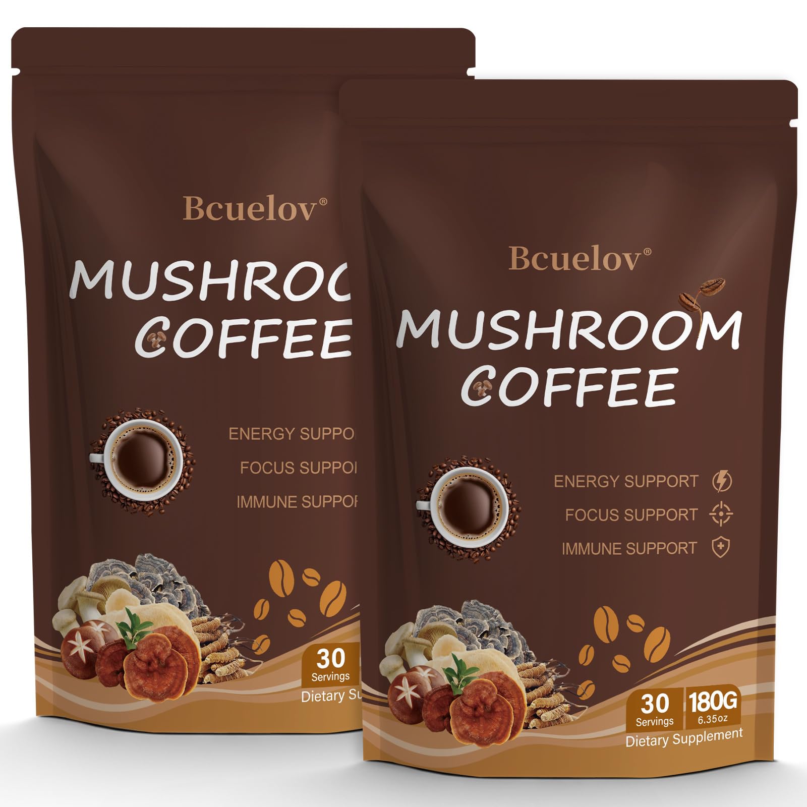 Bcuelov Mushroom Coffee Powder with 6 Adaptogenic Mushrooms and MCT Oil, 12.7 oz