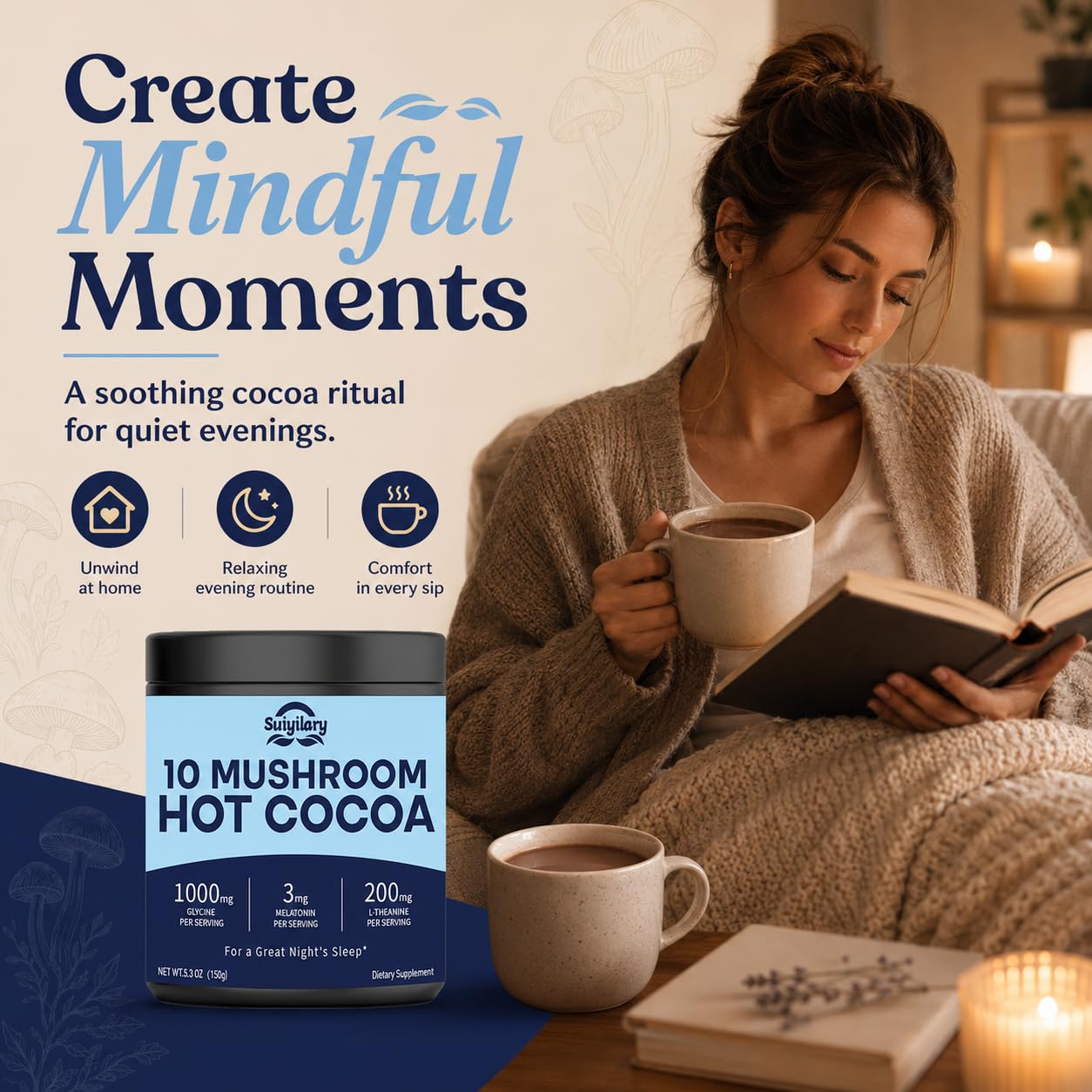 Suiyilary 10 Mushroom Hot Cocoa Powder with 3mg Melatonin Sleep Supplement, 5.3 oz