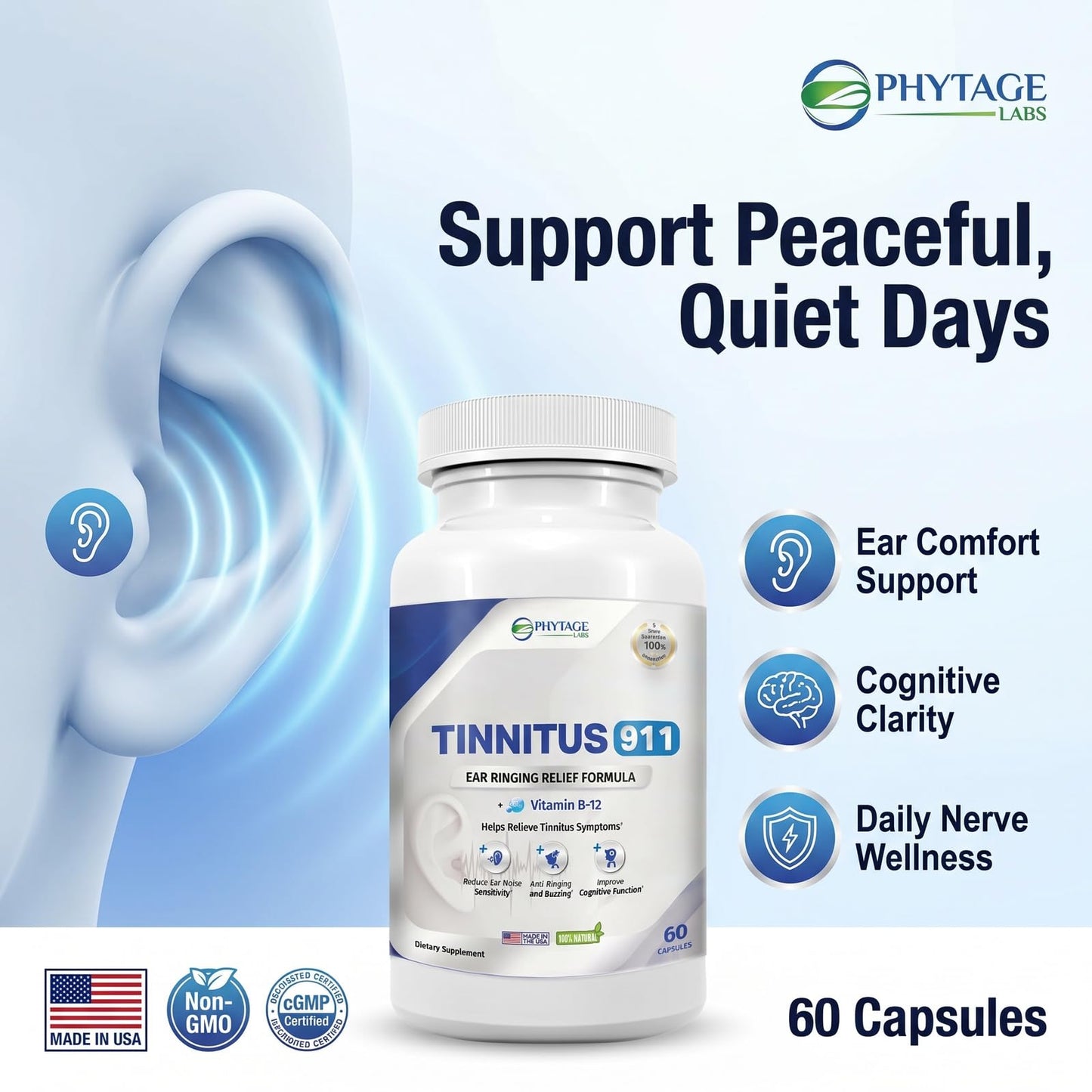 Tinnitus 911 Phytage Labs Advanced Ear Ringing Relief Supplement – Daily Auditory Support Formula with Vitamin B12, Hawthorn Berry, Olive Leaf & Green Tea Extract, 60 Capsules