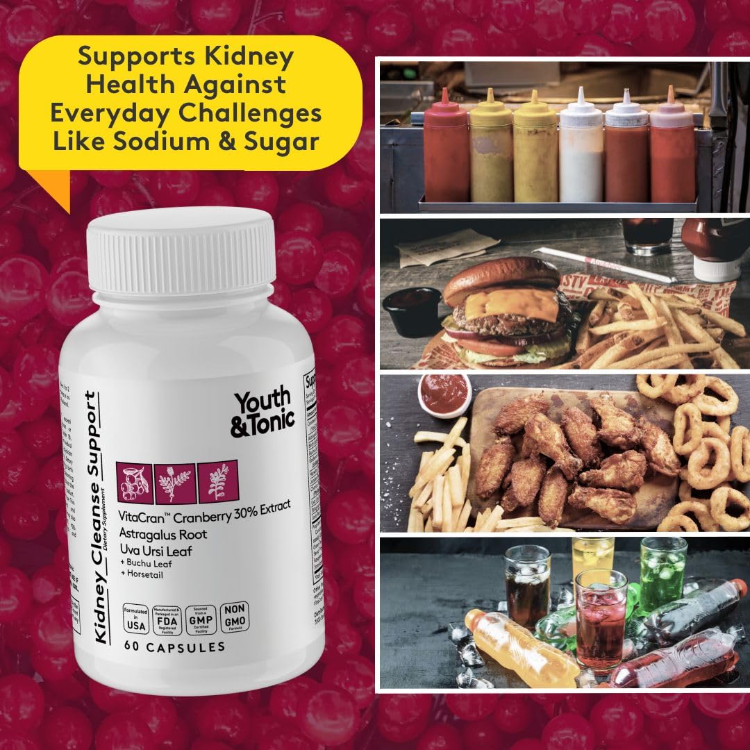 Youth & Tonic Kidney Support Supplement Cleanse Detox Cranberry Extract Capsules, 60 Count