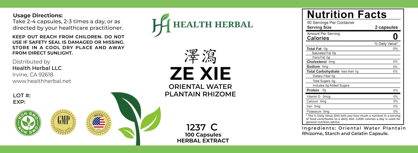 Health Herbal Ze Xie/Oriental Water Plantain Rhizome Capsules, 100
