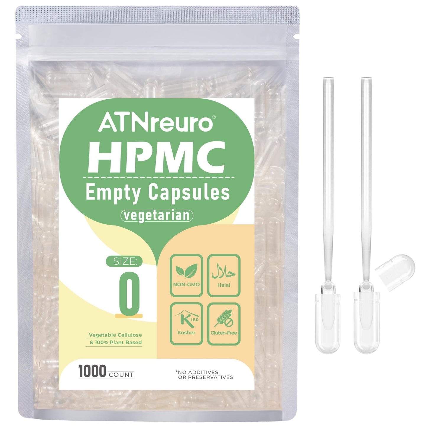 ATNreuro Size 0 Empty Vegan Capsules, 1000 Count