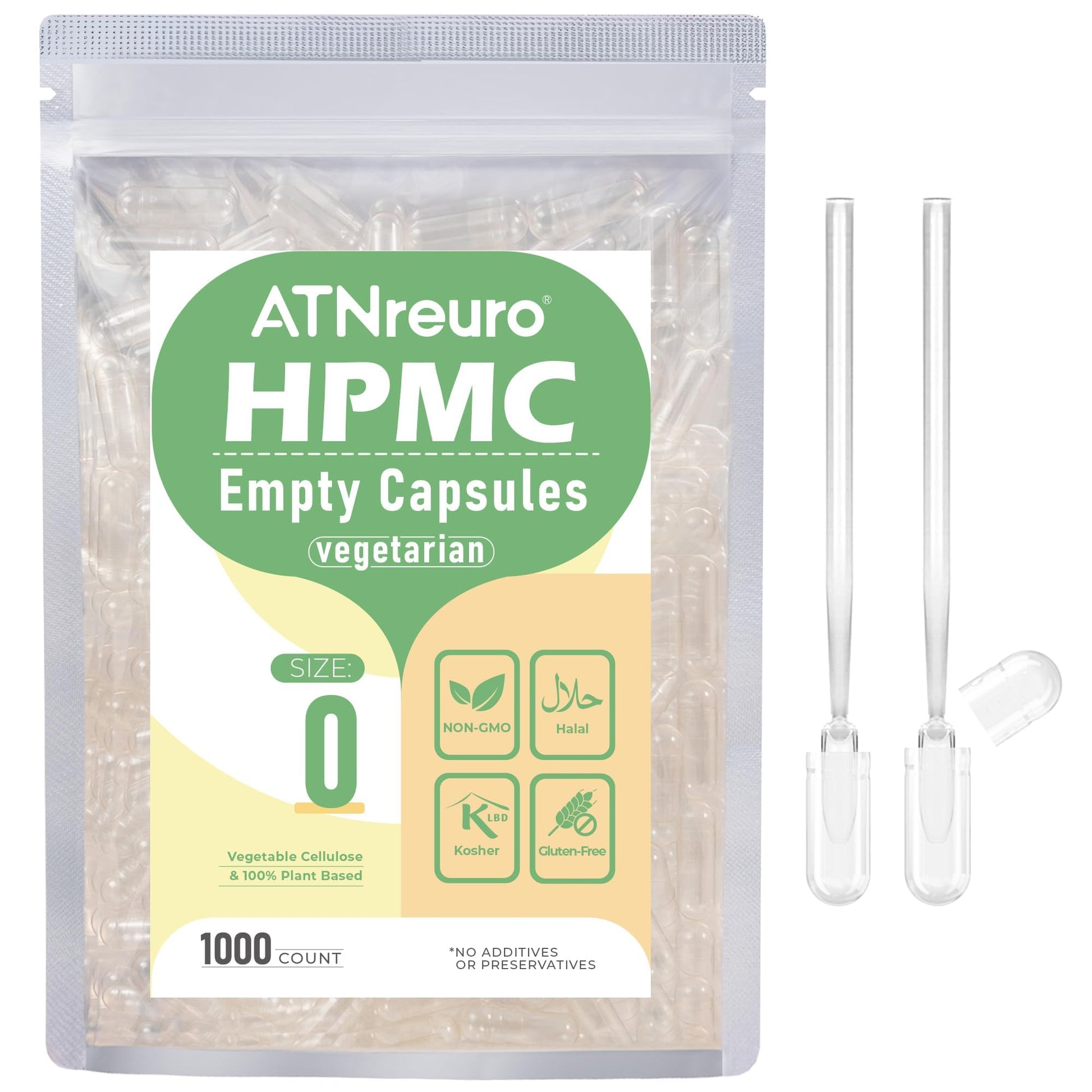 ATNreuro Size 0 Empty Vegan Capsules, 1000 Count