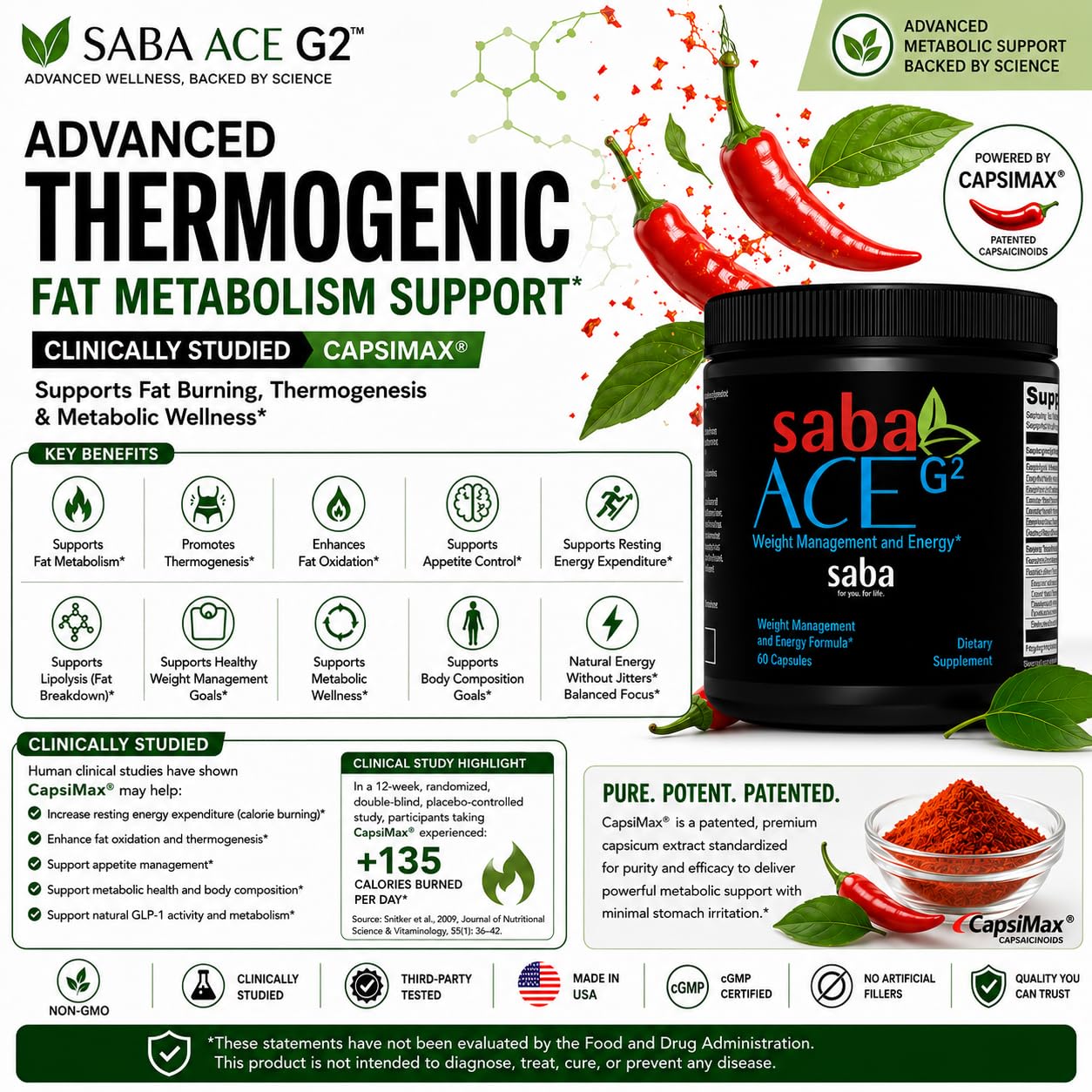 Saba ACE G2 Thermogenic Energy Burn Pre Workout Metabolism Focus Concentration, with Capsimax, CarnoSyn, BioPerine, Green Tea Leaf Extract, for Men & Women, 60 Capsules