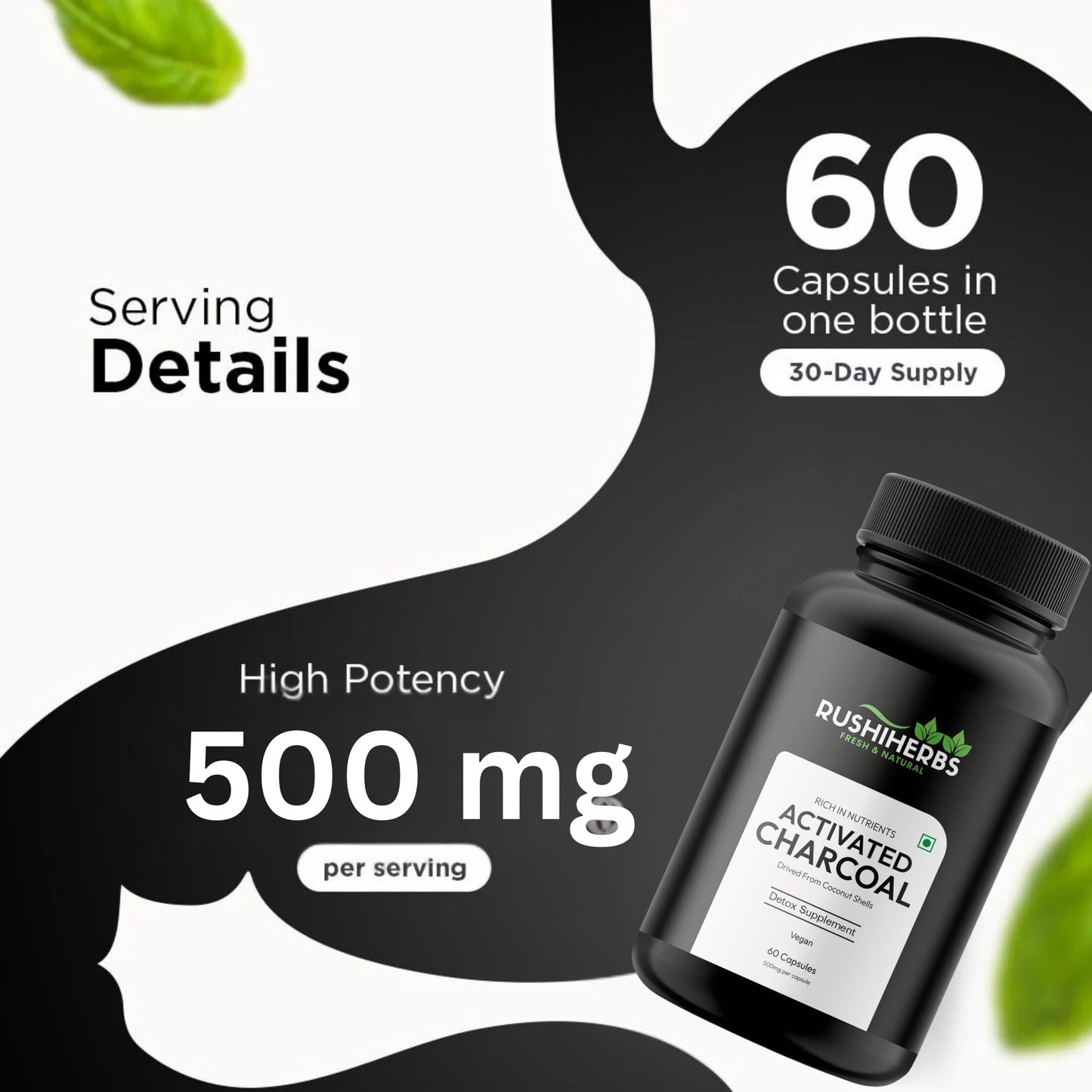 RUSHIHERBS Activated Charcoal 500 mg Capsule, 1 Count