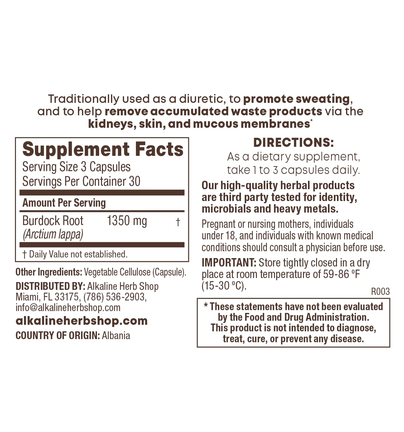 Alkaline Herb Store Burdock Root Supplement Capsules, 90 Count