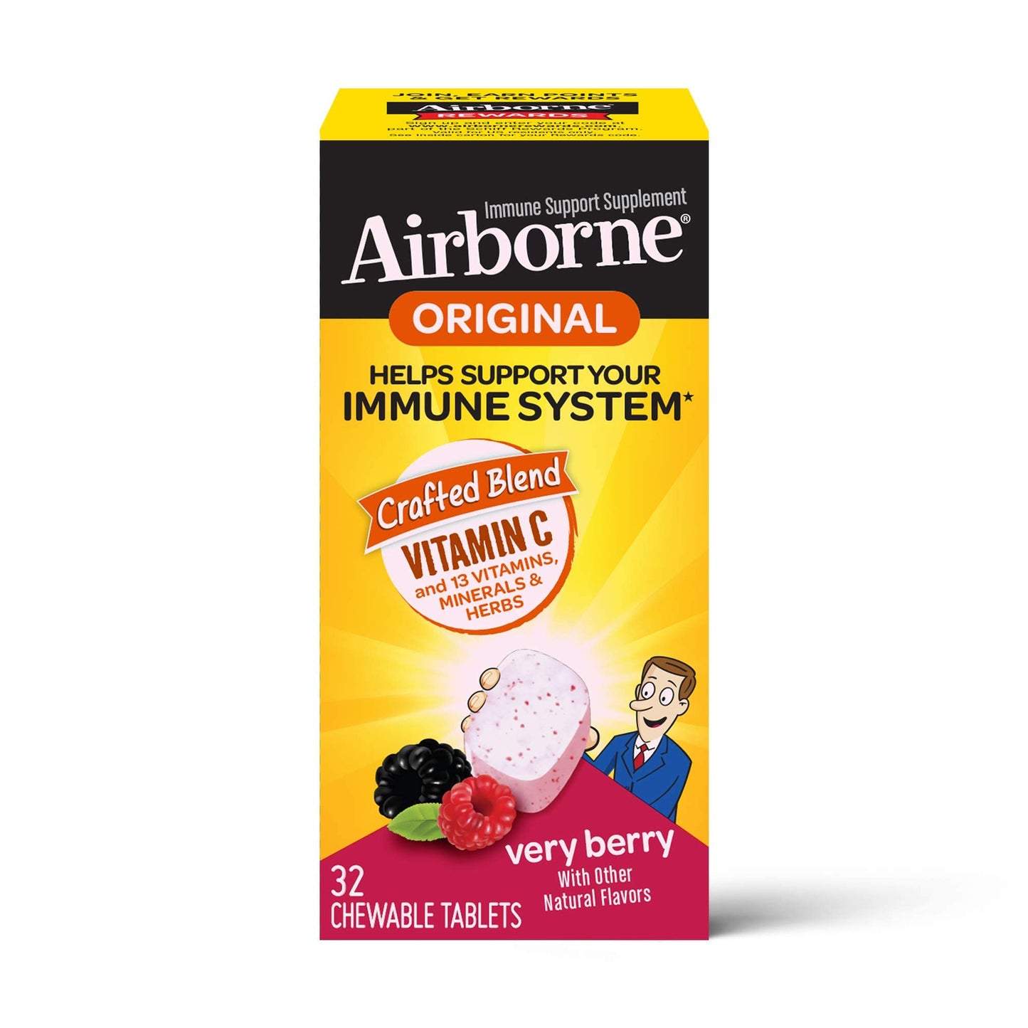 Airborne 1000mg Vitamin C + Zinc Immune Support Chewable Tablets, 64 Tablets