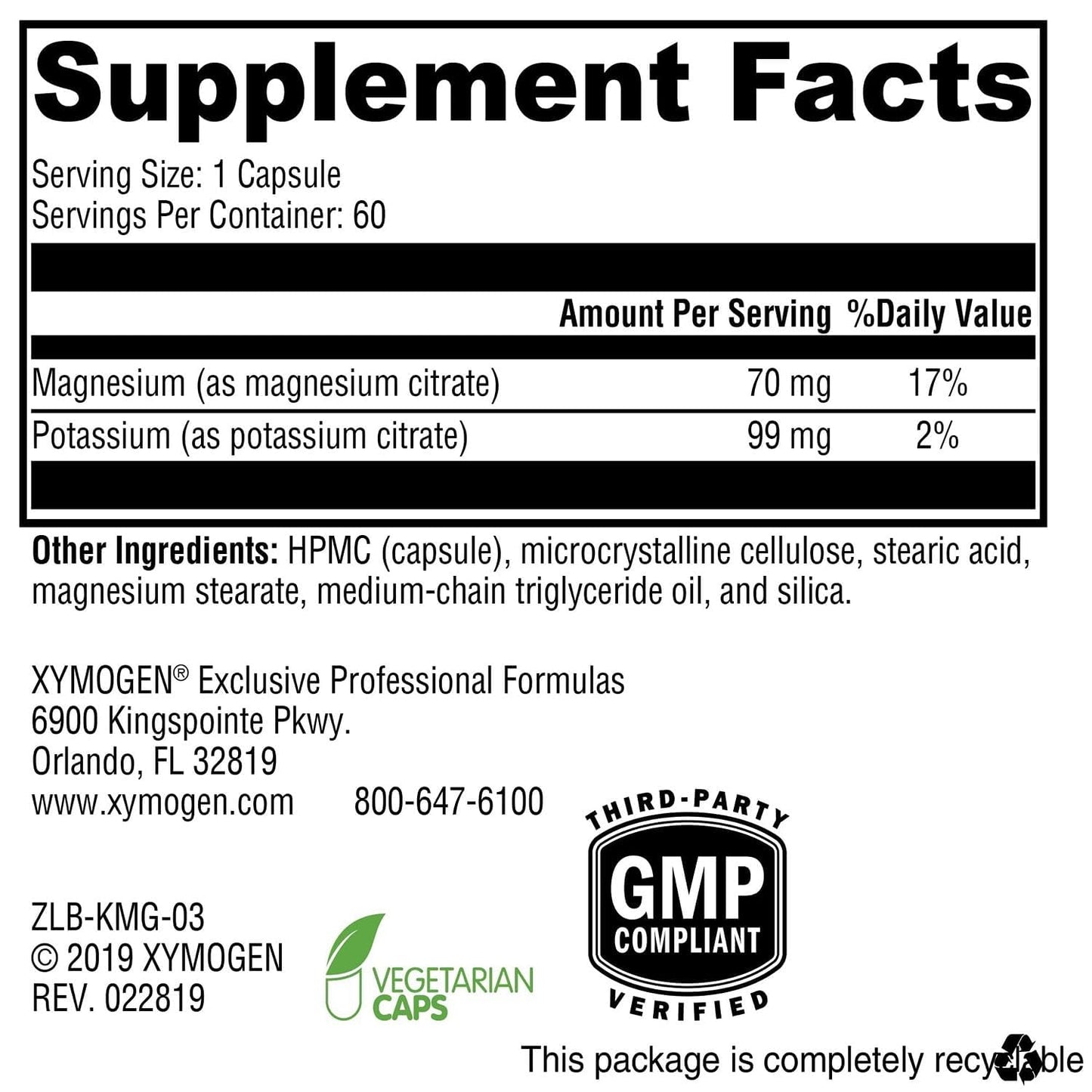 XYMOGEN K-Mg Citrate Potassium & Magnesium Citrate Electrolyte, Muscle & Nerve Function Support 60 Capsules