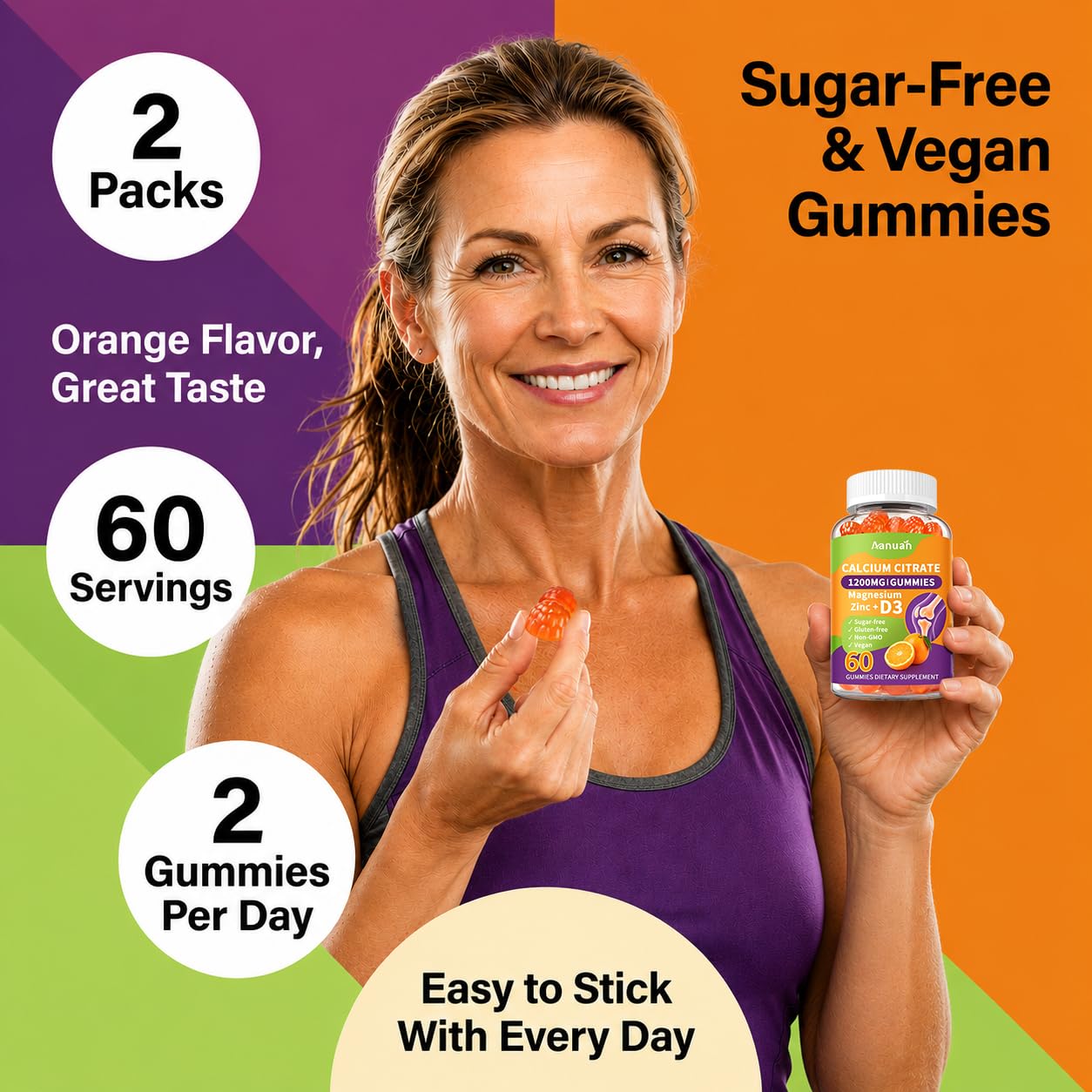 Aanuan Calcium Citrate 600-1200mg Magnesium Zinc D3 Gummies, 120 Gummies