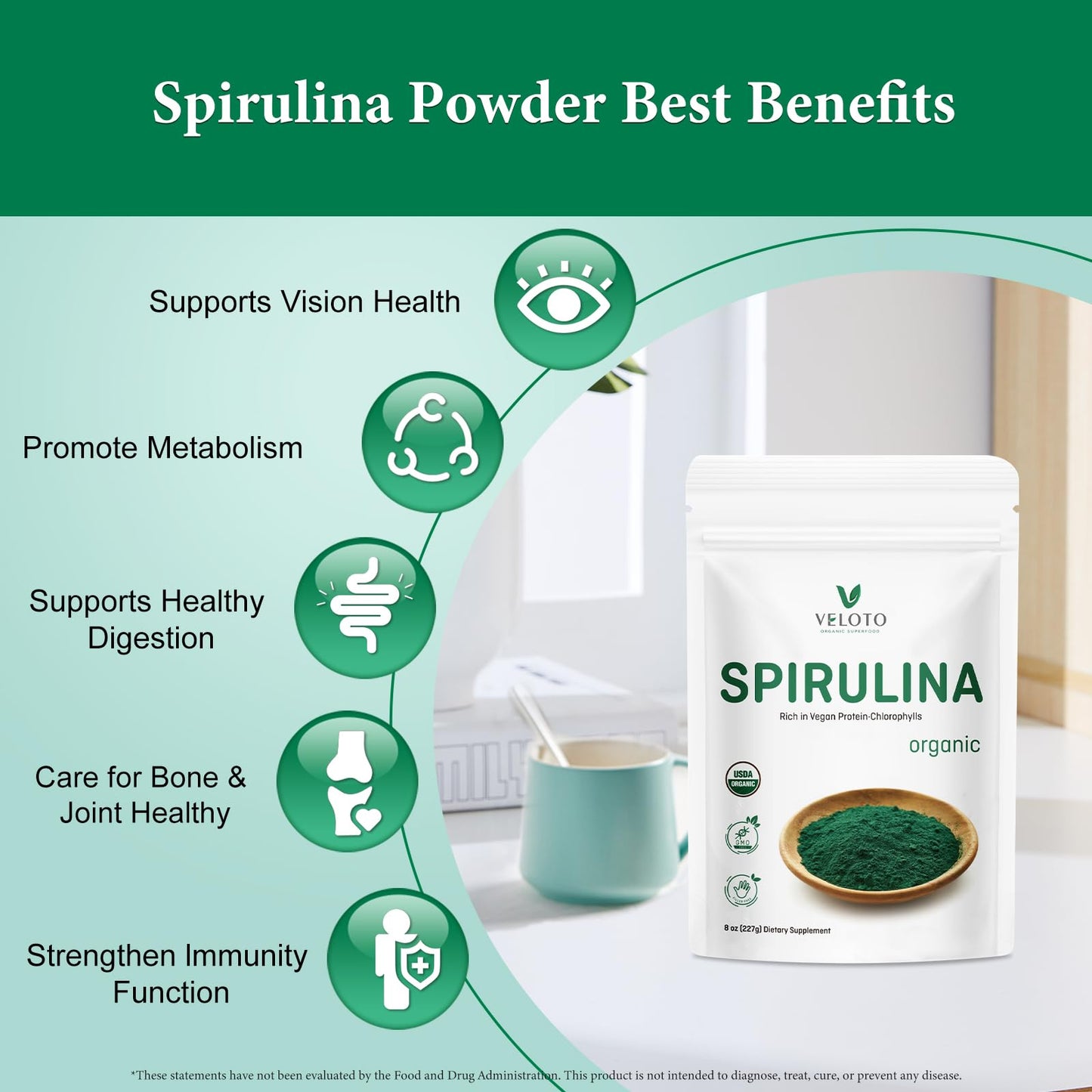 VELOTO USDA Organic Spirulina Powder, 8 oz