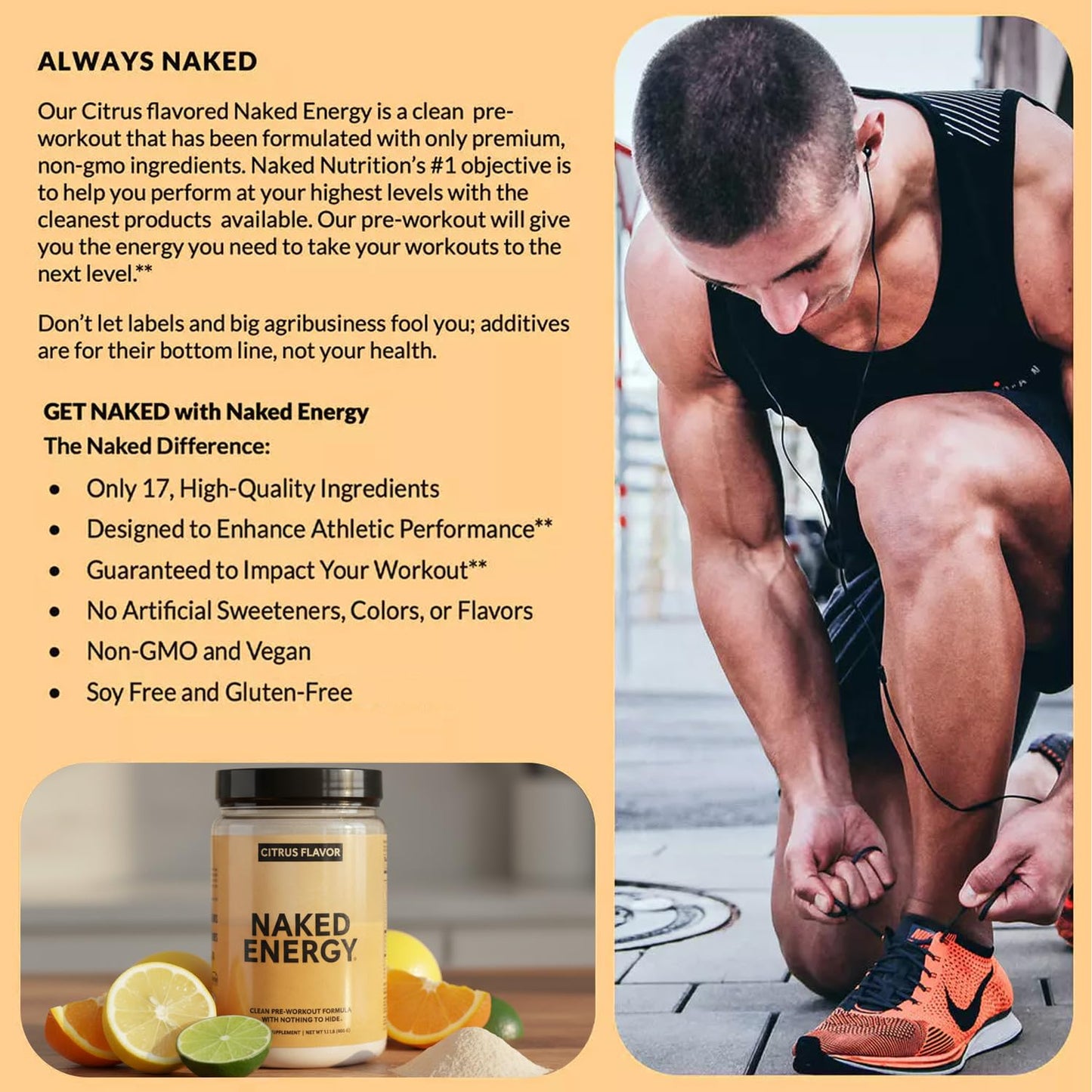 NAKED Citrus Energy Citrus Flavored Clean Pre Workout Powder, 17.6 oz