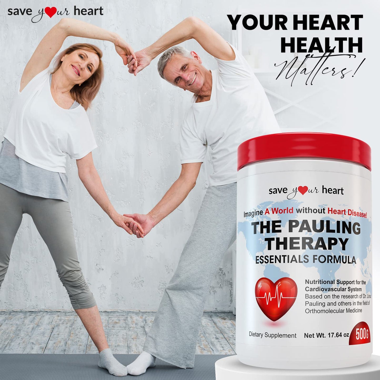 SAVE YOUR HEART Cardio Heart Health Powder Supplement - The Pauling Therapy Essentials Formula (PTEF) Healthy Vitamin C, B-12, L-Lysine, L-Arginine, Magnesium, Zinc + Vitamins, Minerals & Antioxidants, 500