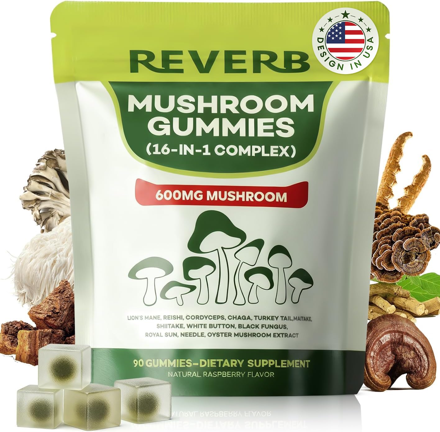 REVERB Mushroom Gummies 16-In-1 Mushroom Blend with Ashwagandha, Brain Health & Focus, 90 Gummies