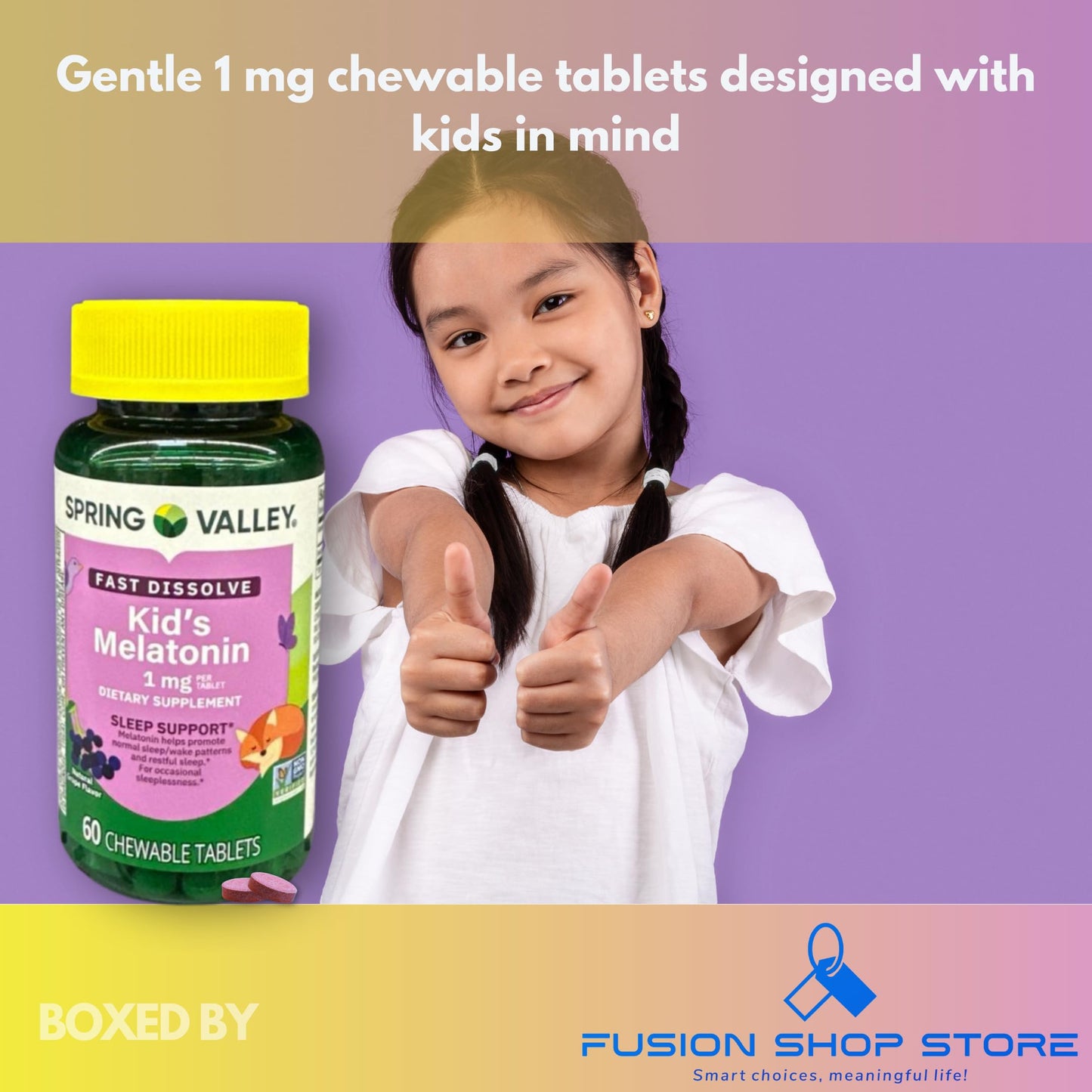 FUSION SHOP STORE Melatonin 1 mg Kids Grape Flavor Chewable Tablets, 60 Tablets