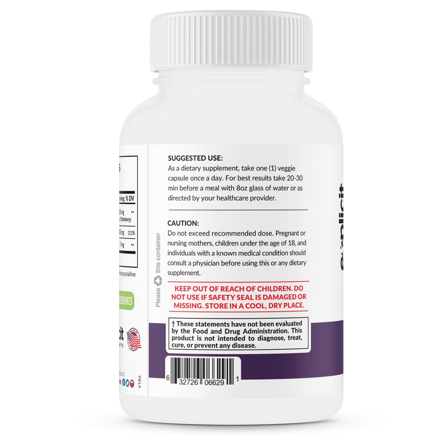 eXplicit Supplements All Natural Elderberry, Vitamin C & Zinc Supplement Capsules, 1 Count