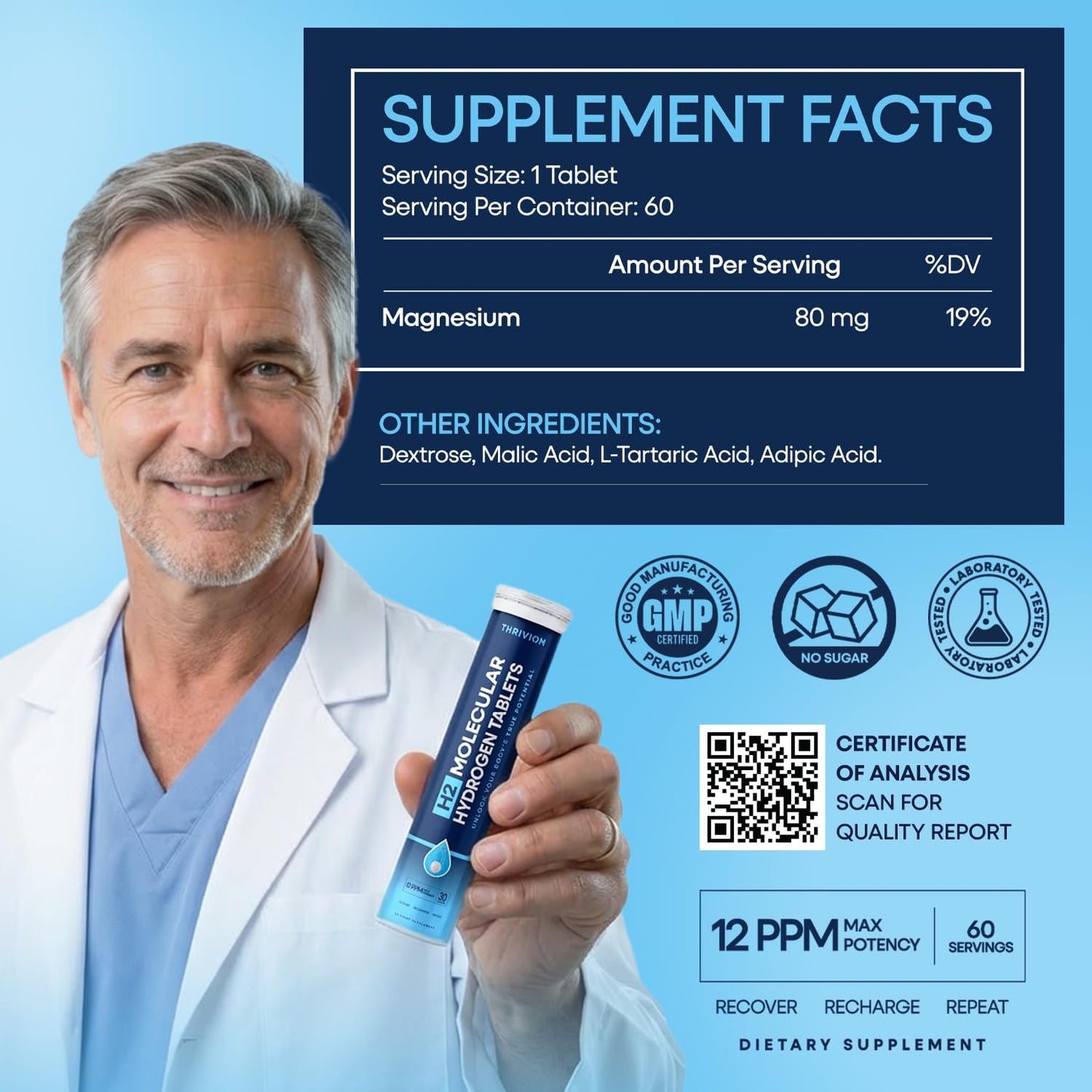 Thriviom H2 Molecular Hydrogen Water Tablets for Drinking – 12 PPM Magnesium Tablets for Brain Energy, Mental Clarity, Muscle Recovery, & Cognitive Function, Non-GMO & Gluten-Free, 60 Tablets