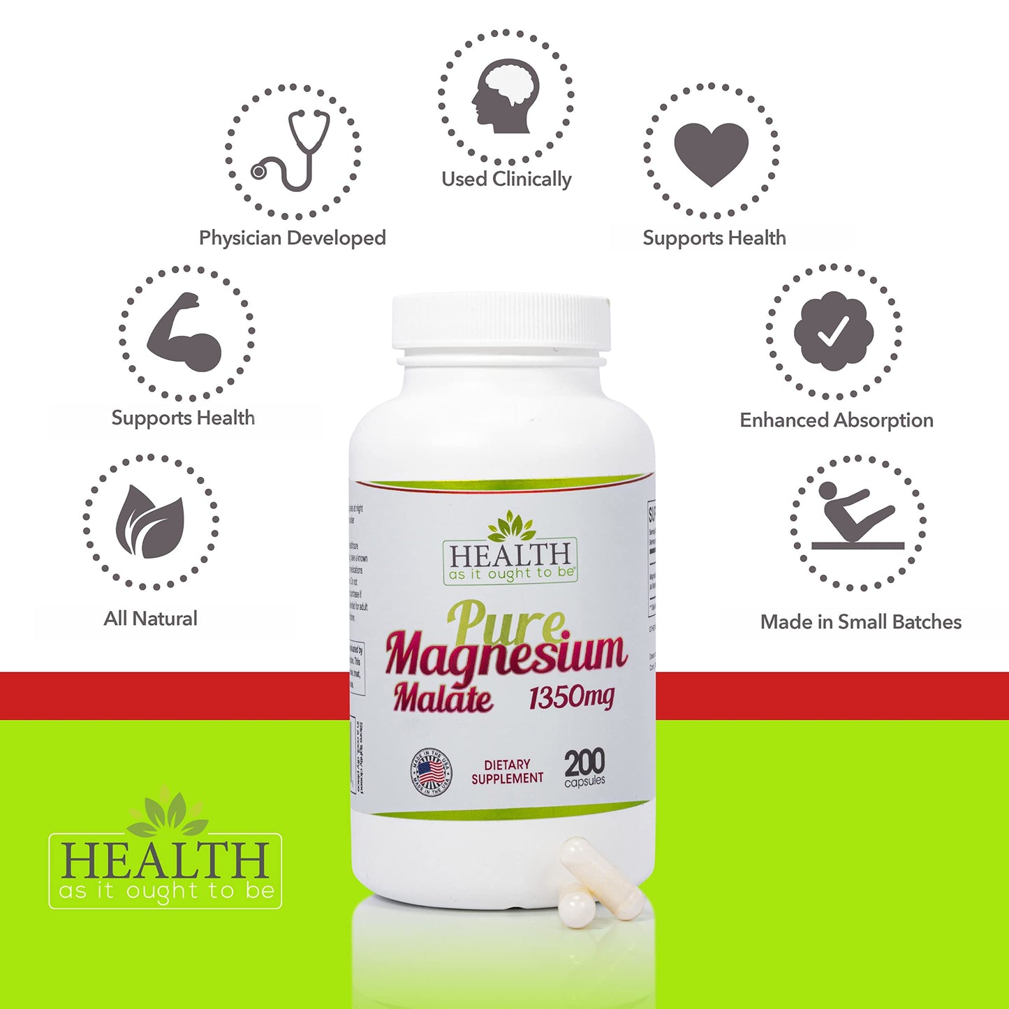 Health As It Ought To Be Pure Magnesium Malate 1350 mg Capsules 200 Count
