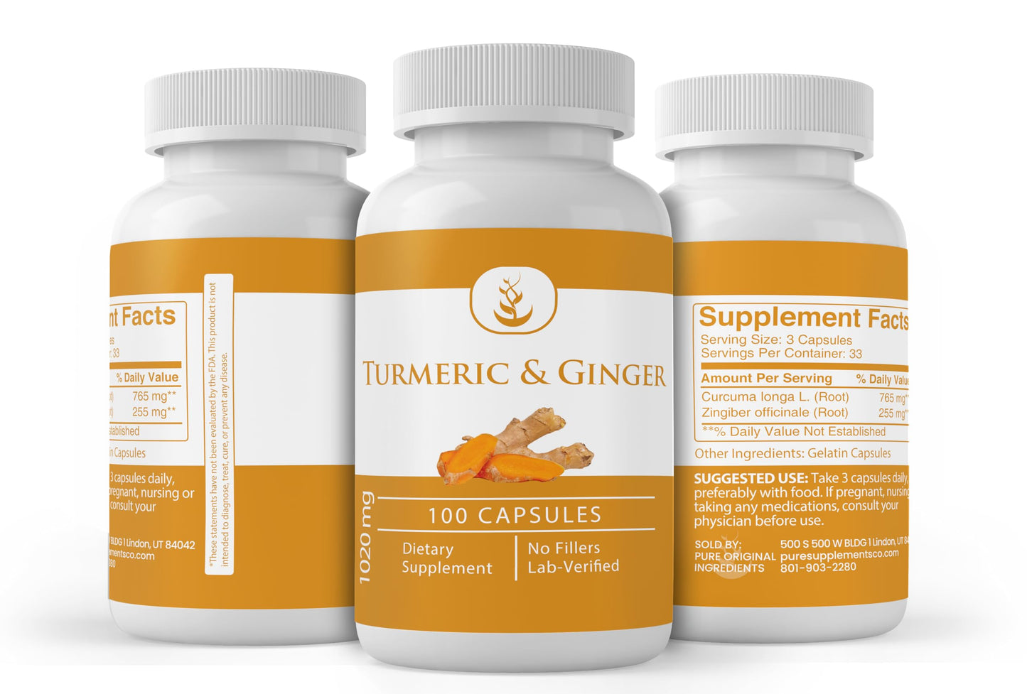 Pure Original Ingredients Turmeric Curcumin & Ginger Capsules, 100 Capsules