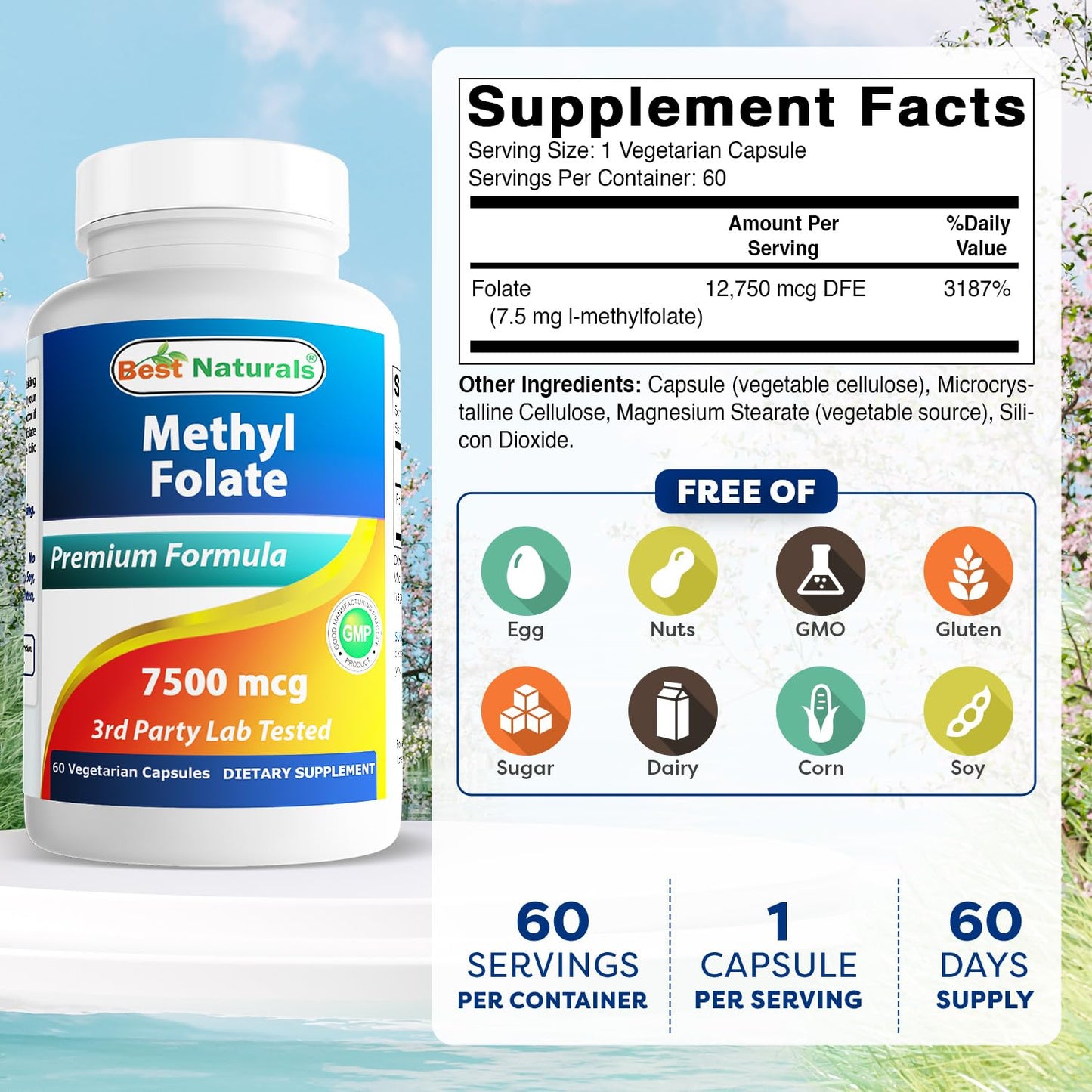 Best Naturals Methyl Folate 7500 mcg (7.5 mg) Veggie Capsule, 60 Count
