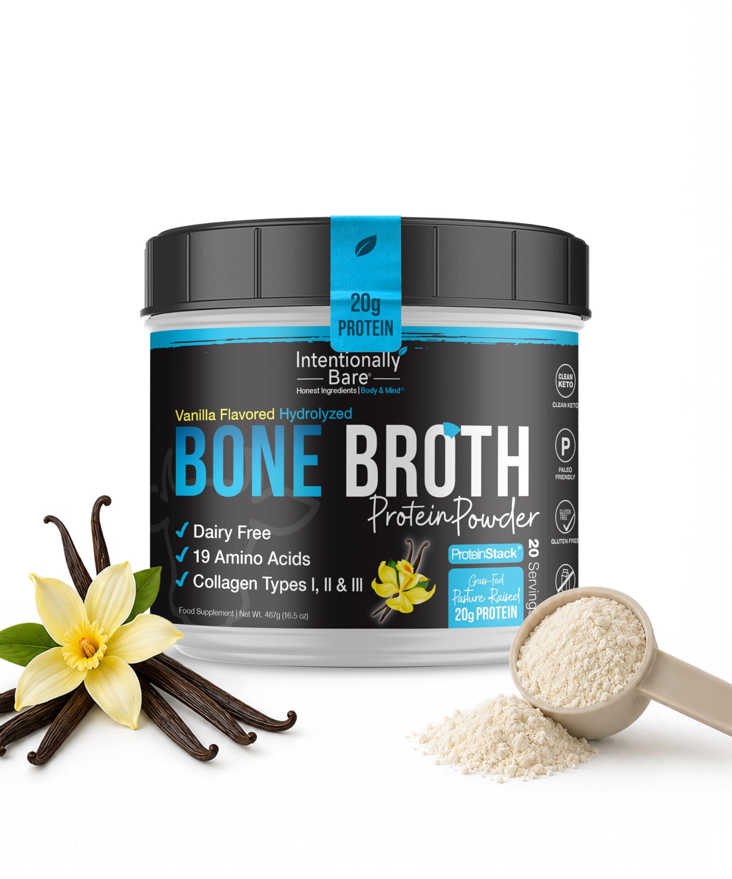 Intentionally Bare Bone Broth Protein Powder - Vanilla, Grass-Fed, 16.5 oz
