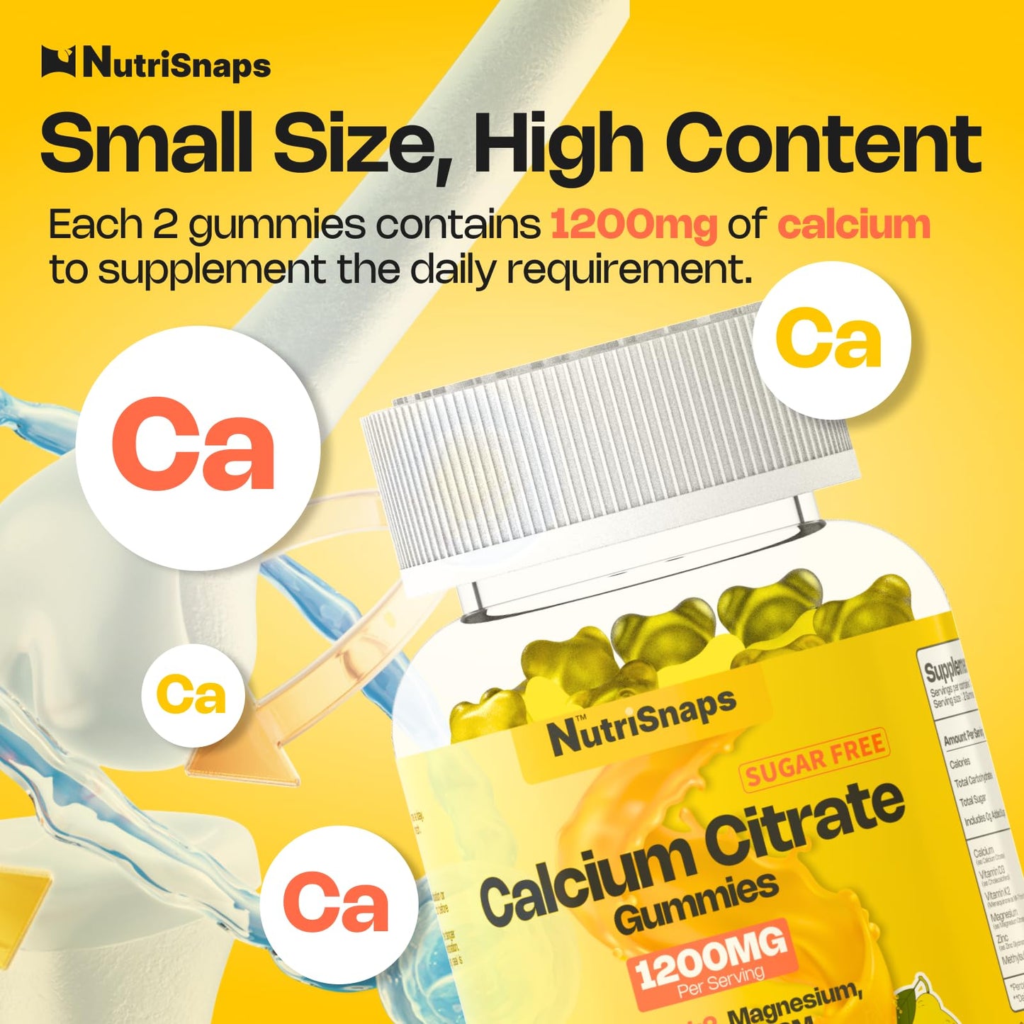 Nutrisnaps Calcium Citrate Gummies 1200mg with Vitamin D3 K2, Magnesium, Zinc, MSM for Men & Women, Ultimate Absorption Calcium Supplement, Vegan, 60 Count