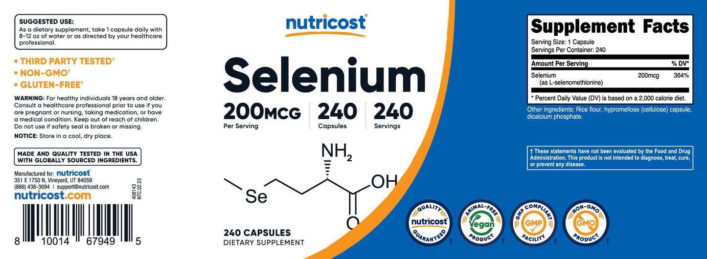 Nutricost Selenium 200mcg L-Selenomethionine Capsules, 240 Count