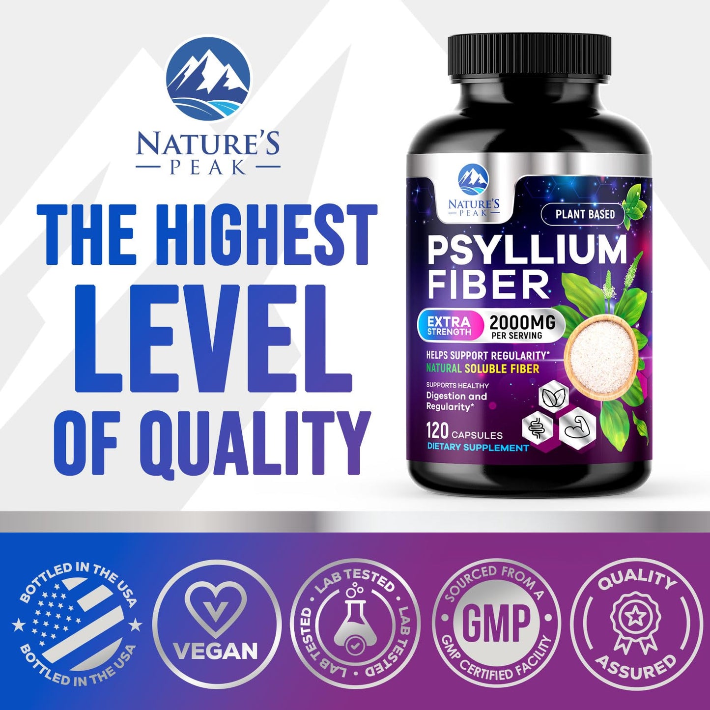 Nature's Peak Psyllium Husk Capsules 2000mg Per Serving, Supports Digestion, 120 Capsules