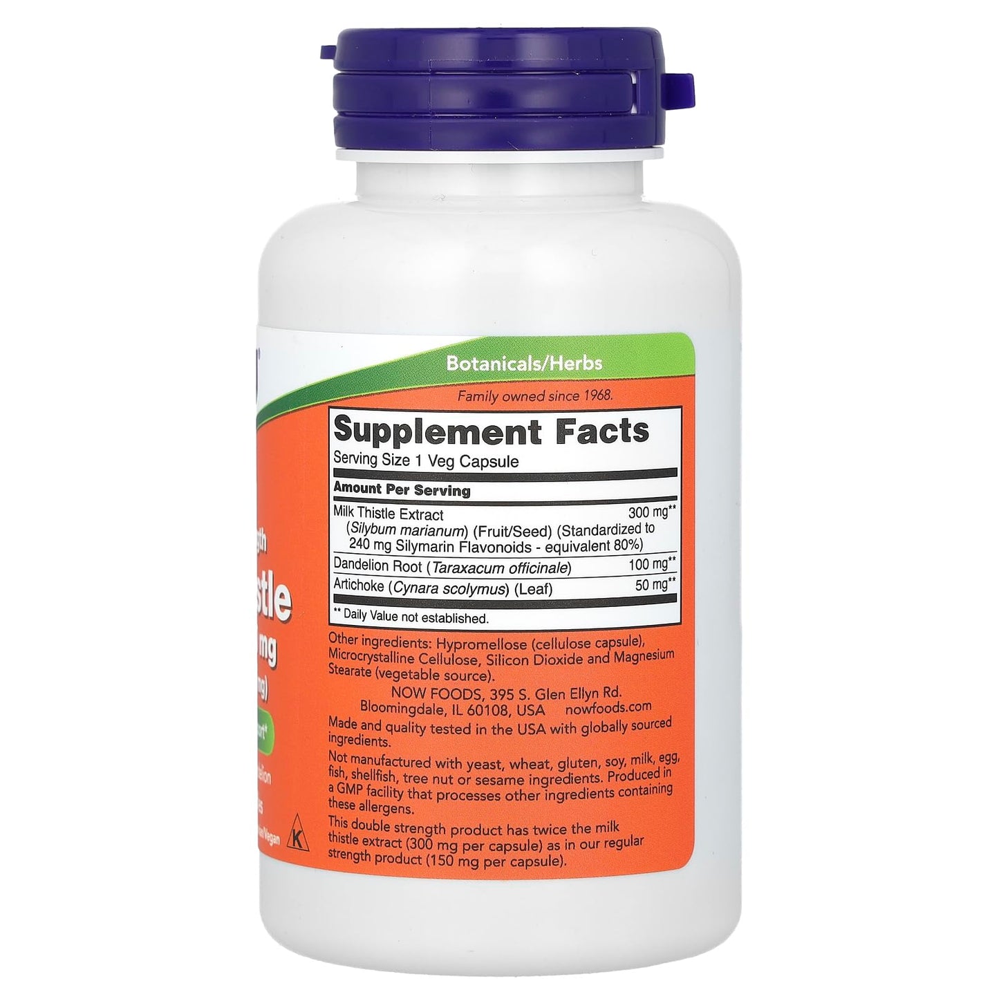 NOW Foods Silymarin Milk Thistle with Artichoke and Dandelion Double Strength 300 mg 100 Vegetable Capsules