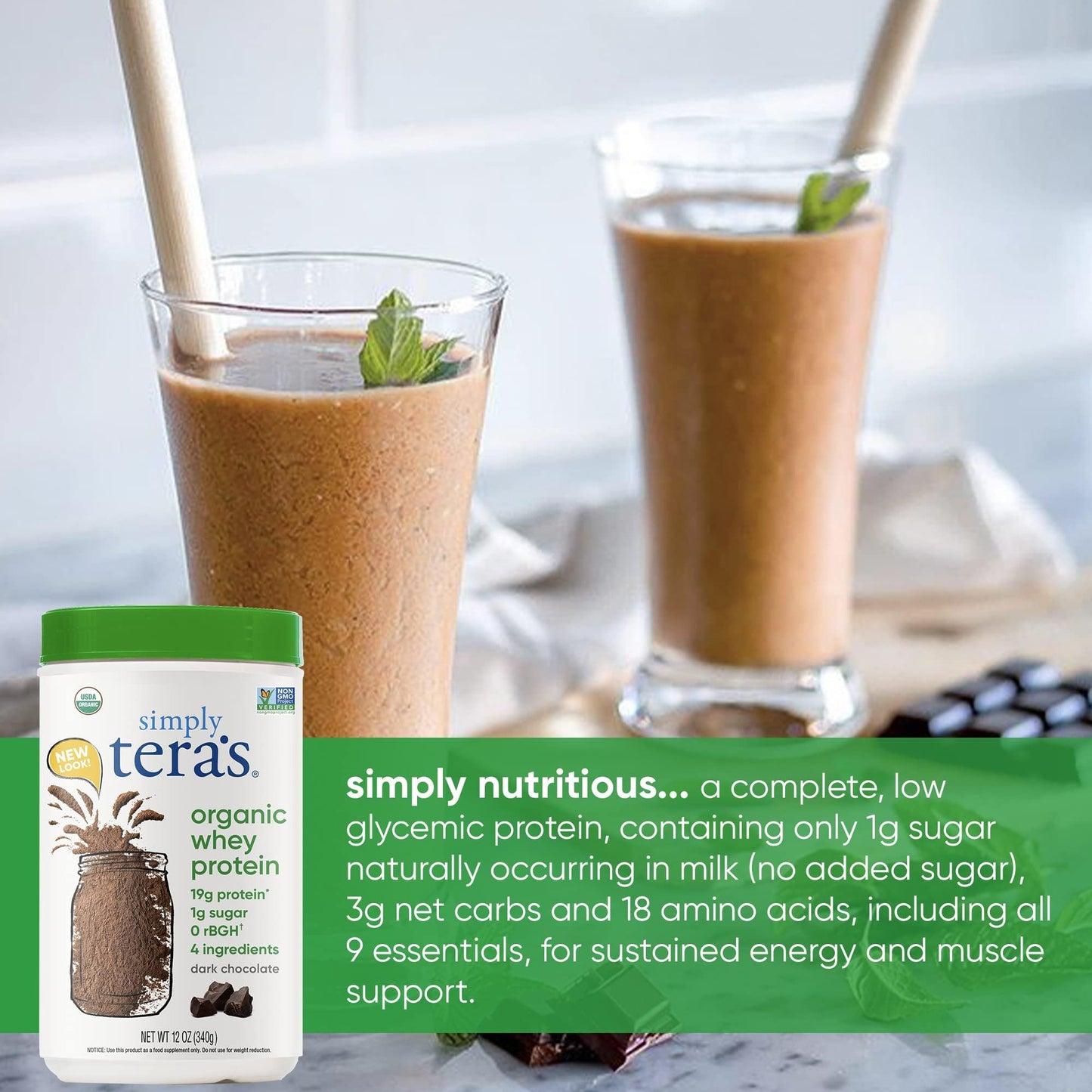 Tera's Organic Whey Protein Powder, Dark Chocolate Flavor, 12 Ounce