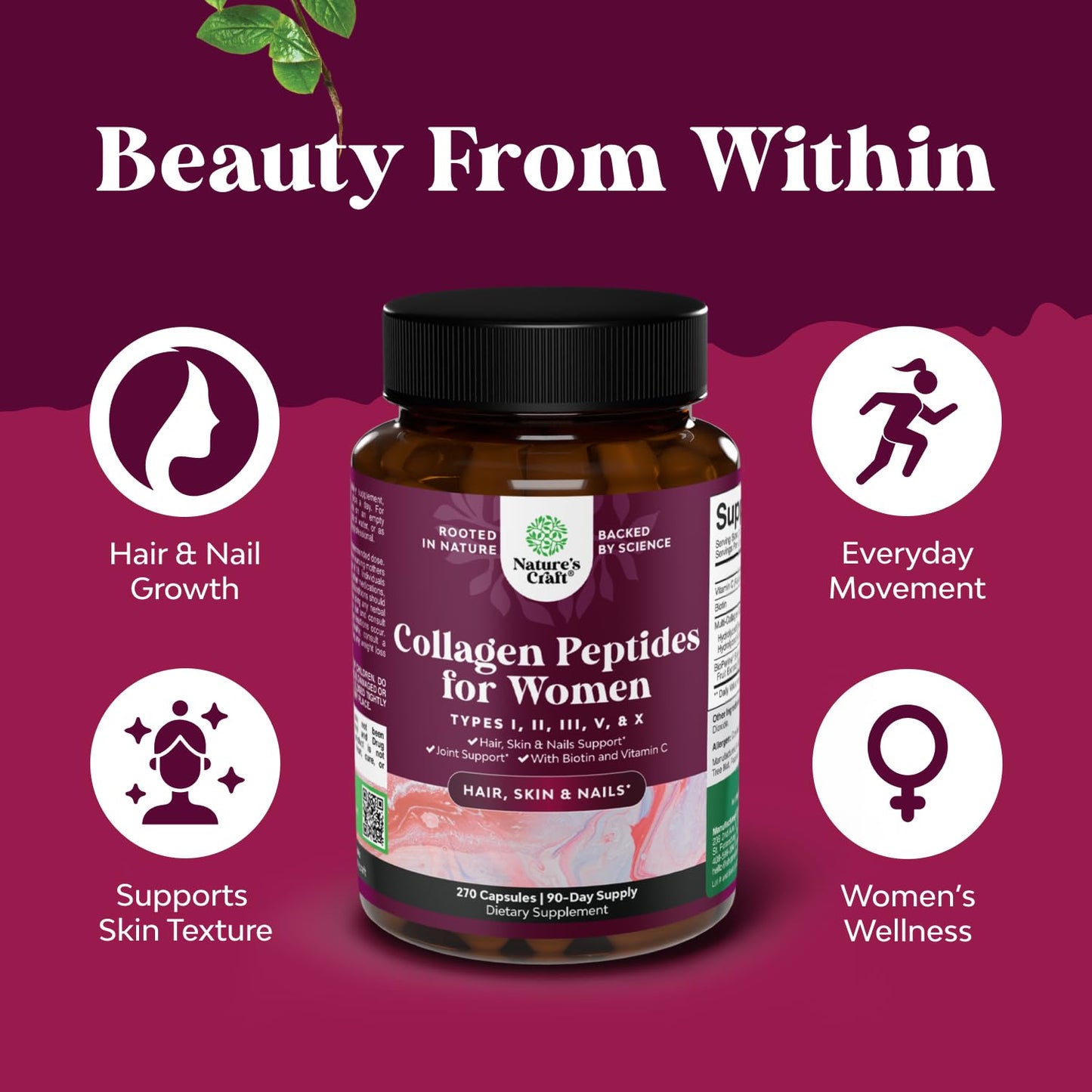Natures Craft Advanced Multi Collagen Complex Ageless Multi Collagen Peptides with Type 1, 2, 3, 5 & X & Biotin Capsules 270