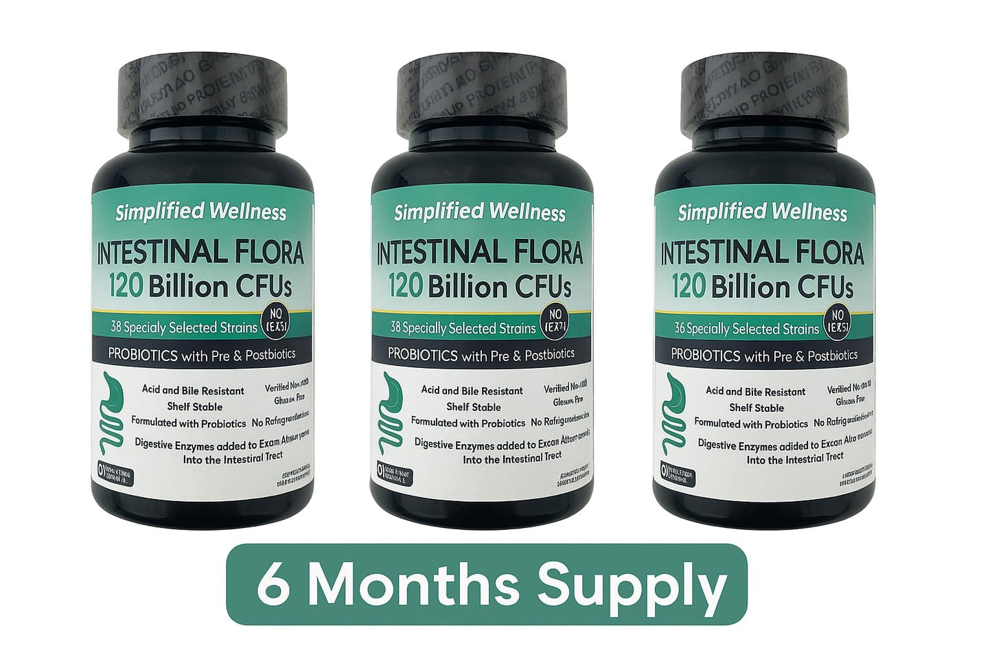 Simplified Wellness Intestinal Flora Probiotic with Pre & Postbiotics, 120 Billion CFUs, 180 Capsules