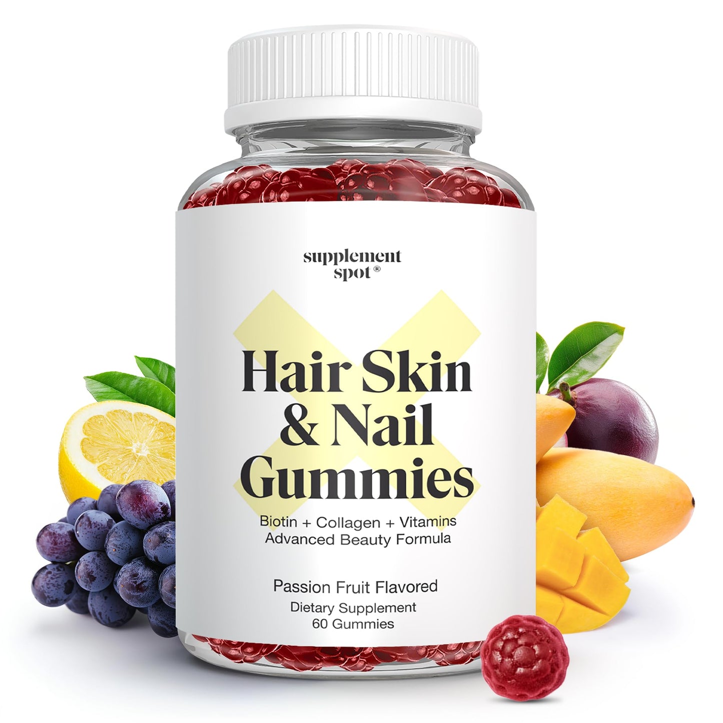 Supplement Spot Hair Skin and Nails Vitamins Biotin Gummies with Collagen, 6000 mcg Biotin, Passion Fruit Flavor, Gluten Free, 60 Gummies