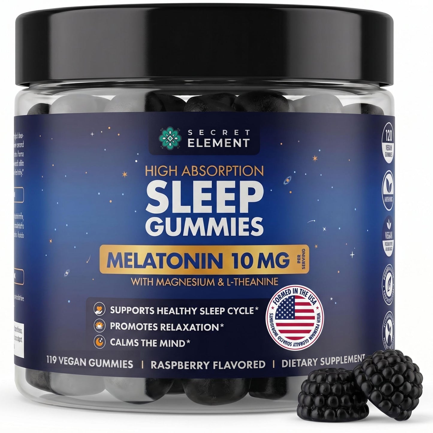 Secret Element Raspberry Gummies Melatonin 10mg, Magnesium & L-Theanine, 119 Gummies