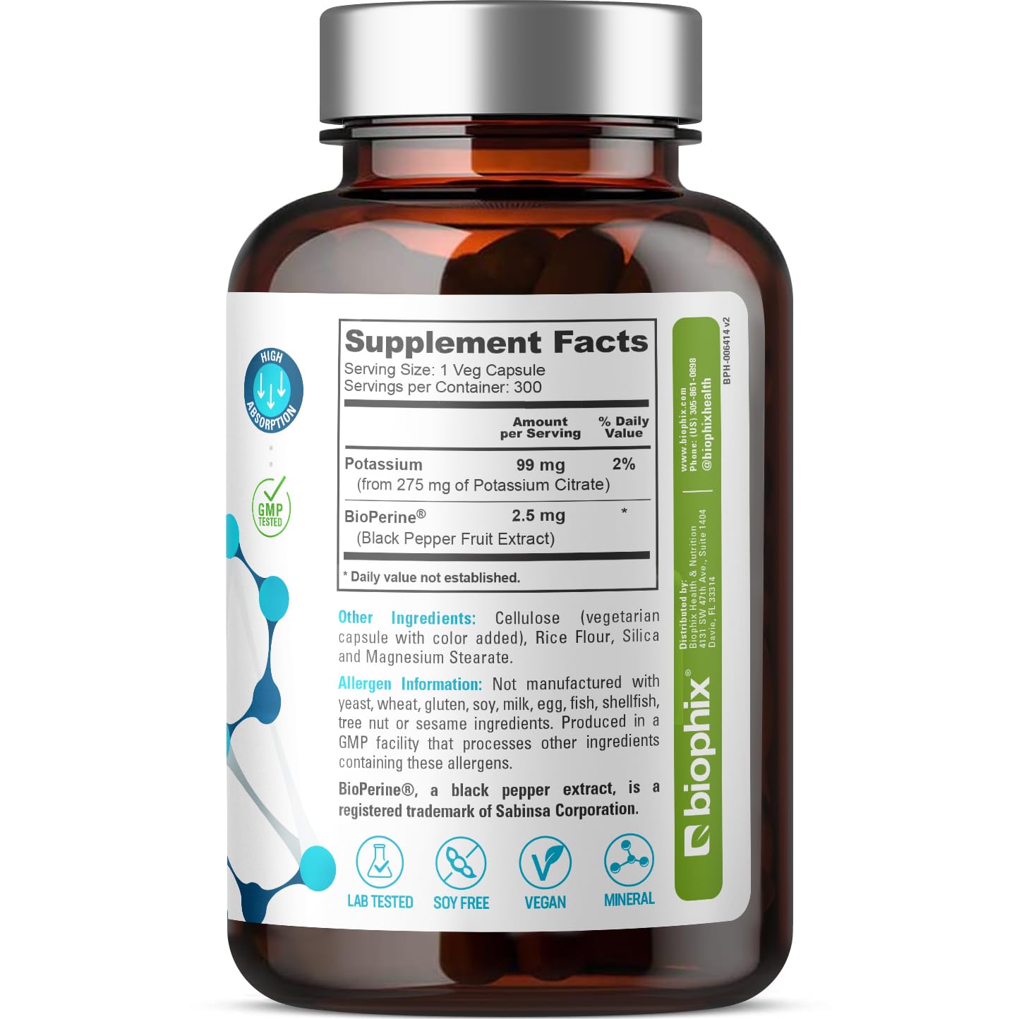 biophix Potassium Citrate 275 mg with BioPerine Veggie Capsules, 300 Count