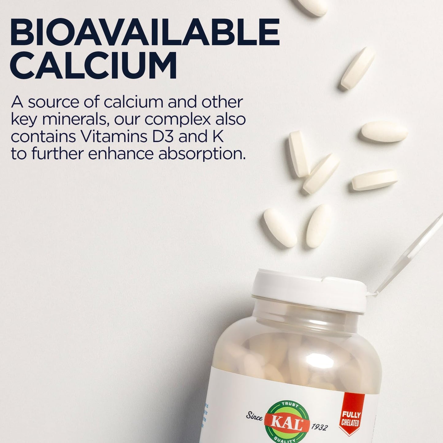 KAL Bone Meal Tablets Calcium Supplement with Magnesium, Vitamin D3 and K, Bone Health, Muscle and Nerve Function Support, Rapid Disintegration, Gluten Free, Non-GMO, 250 Tablets