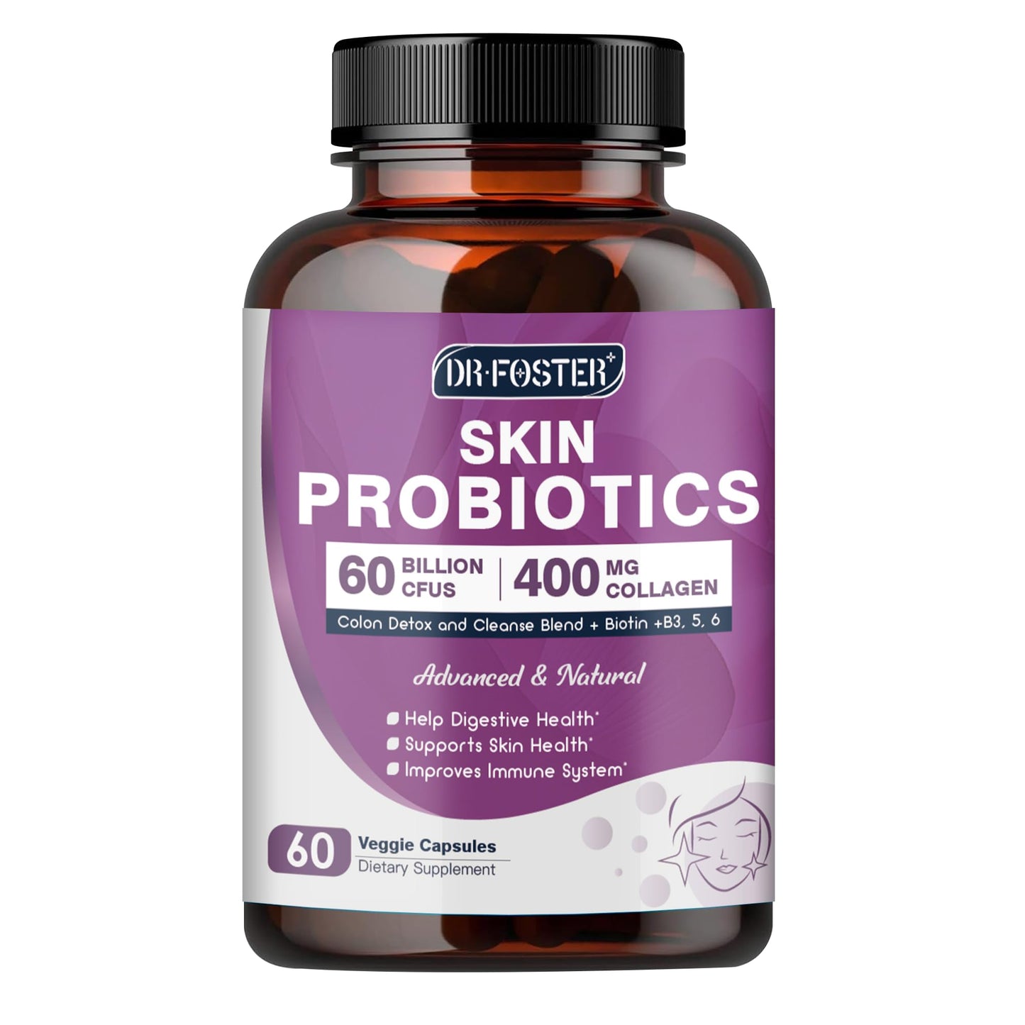 DRFOSTER Probiotics for Women Digestive Health with 60 Billion CFU 3 Spores, Skin Probiotics for Gut and Skin Health with Collagen & Biotin, 60 Capsules