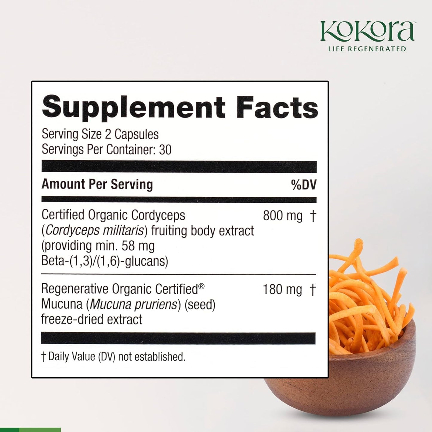 kokora Cordyceps Energy Organic Adaptogenic Mushroom Supplement Capsule 60 Capsules
