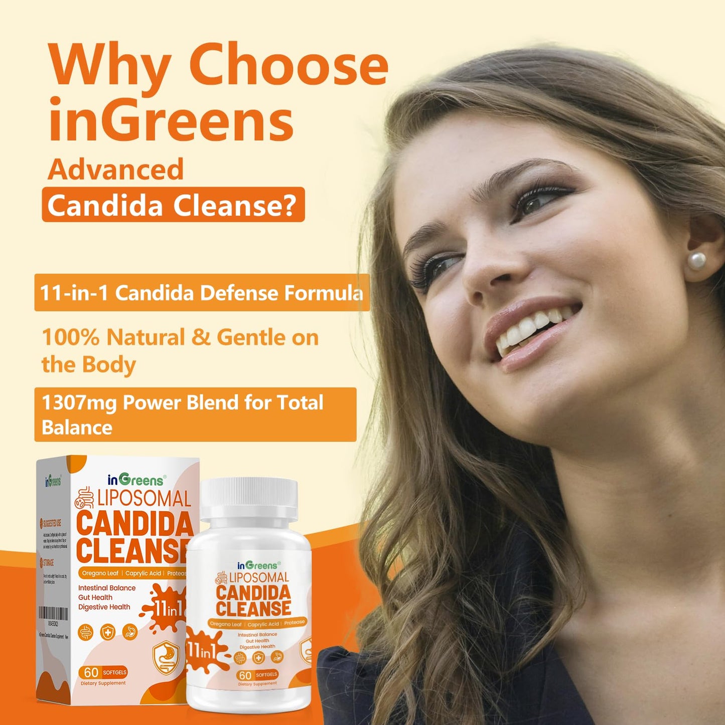 inGreens 11-in-1 Candida Support Supplement Softgels 180 Count