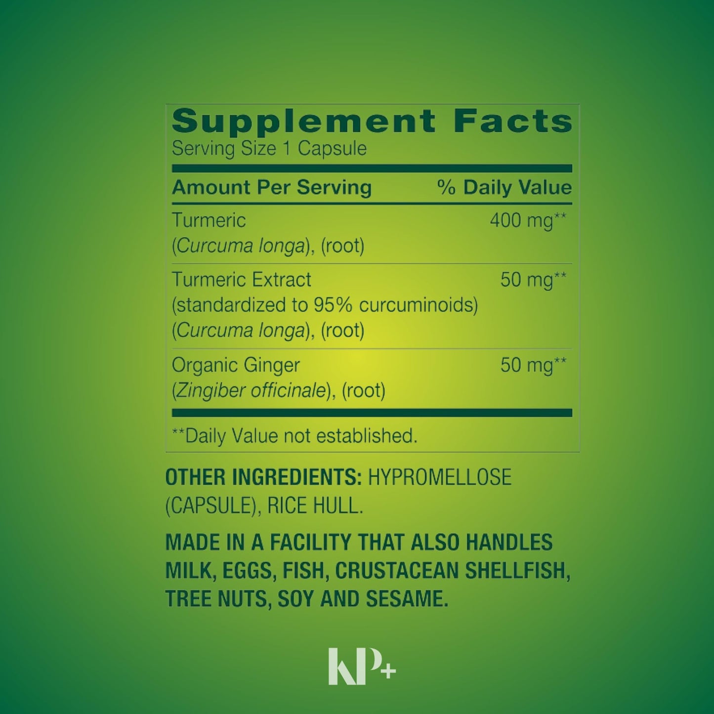 KP+ Turmeric Curcumin with Ginger Powder 500 mg Capsule, 250 Veg Capsules