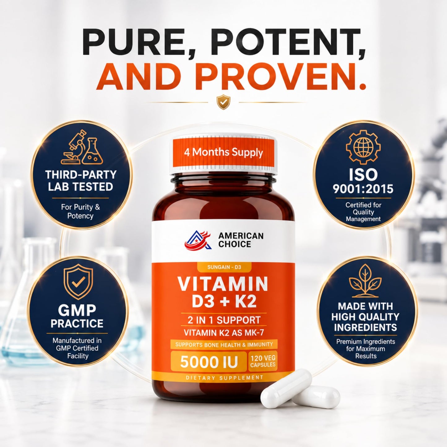 American Choice Vitamin D3 5000 IU K2 100 mcg Capsule, 120 Capsules