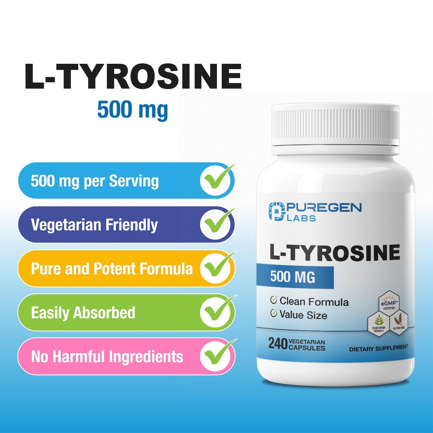 P Puregen Labs L-Tyrosine 500 mg Vegetable Capsules, 240 Count